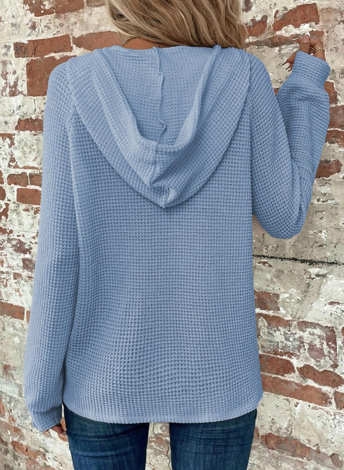 2024 New Women's Waffle Knit Drawstring Button V Neck Hooded Sweatshirt(buy 2 free shipping)