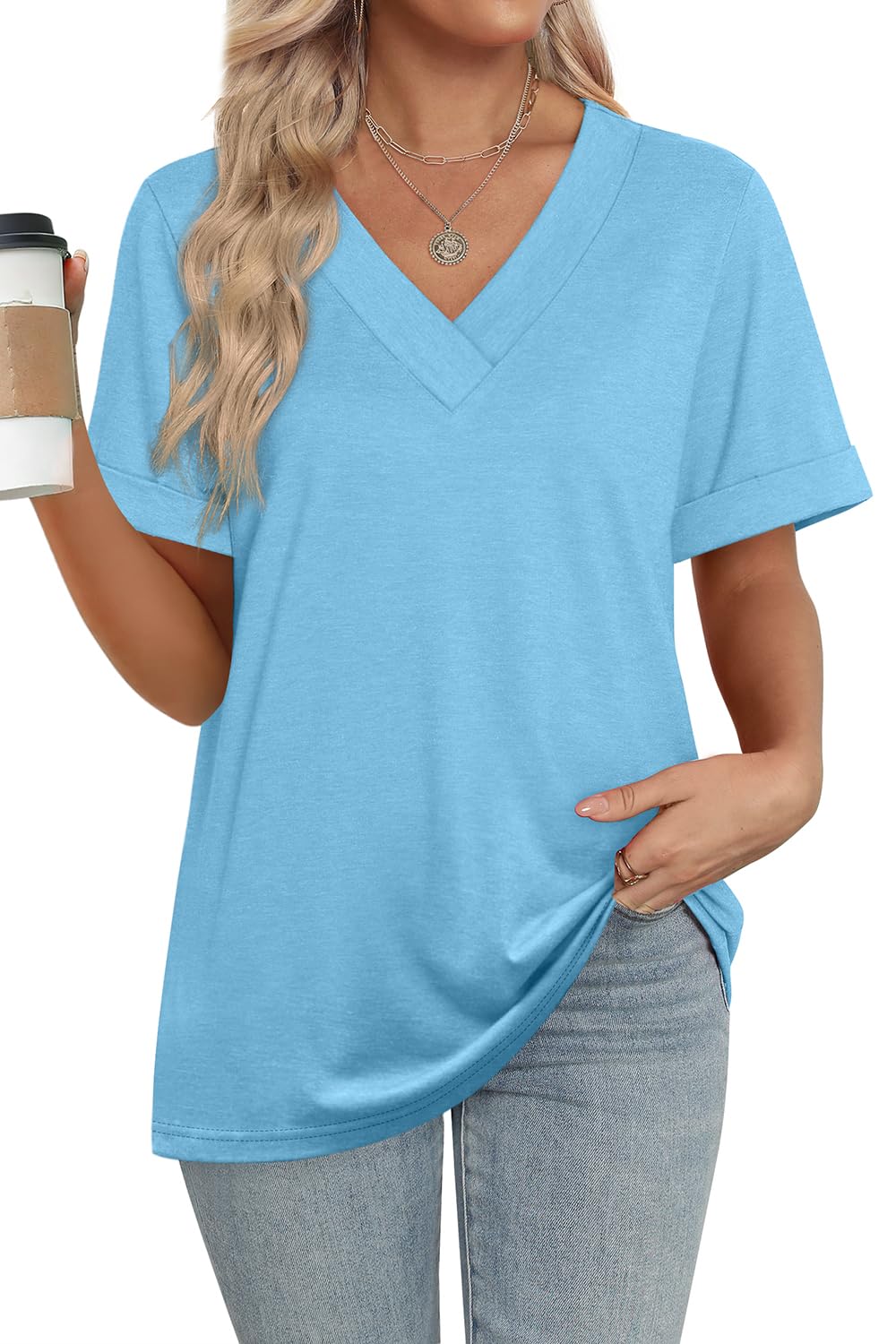 2025 New women's Summer Tops Short Sleeve Basic Casual V Neck T Shirts(BUY 3 FREE SHIPPING)