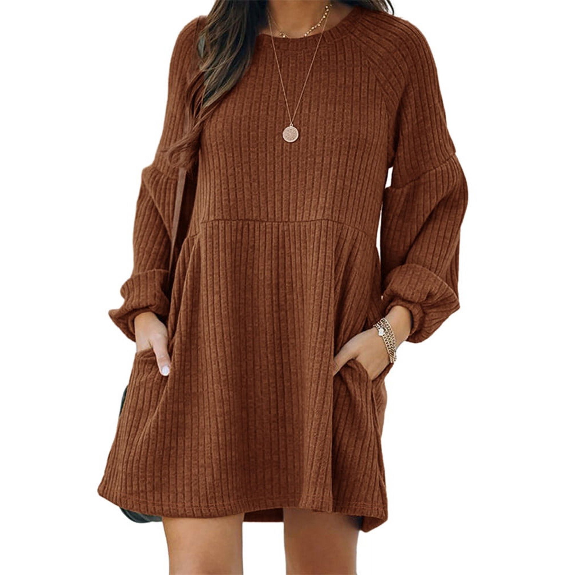 Minimalist Chic Plain Textured Ribbed Pocket Bishop Sleeve Crewneck Dress
