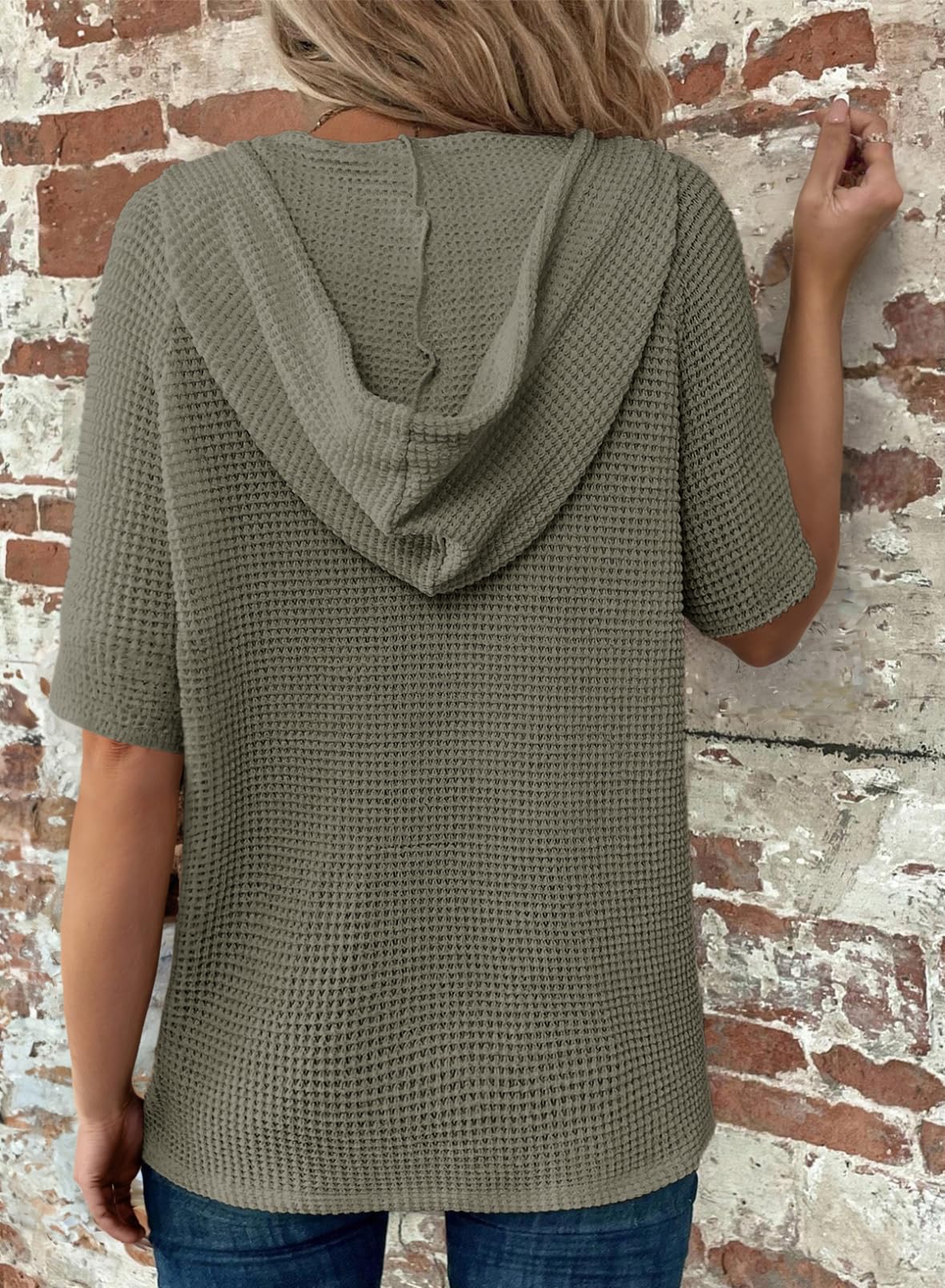 Women's Waffle Knit Button V Neck Short Sleeve Lightweight Drawstring Hoodies(BUY 2 10% off) 