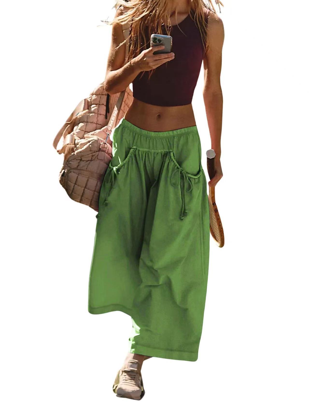 Womens Loose Wide Leg Track Pants Boho Sport Style Drawstring Pockets Elastic Waist