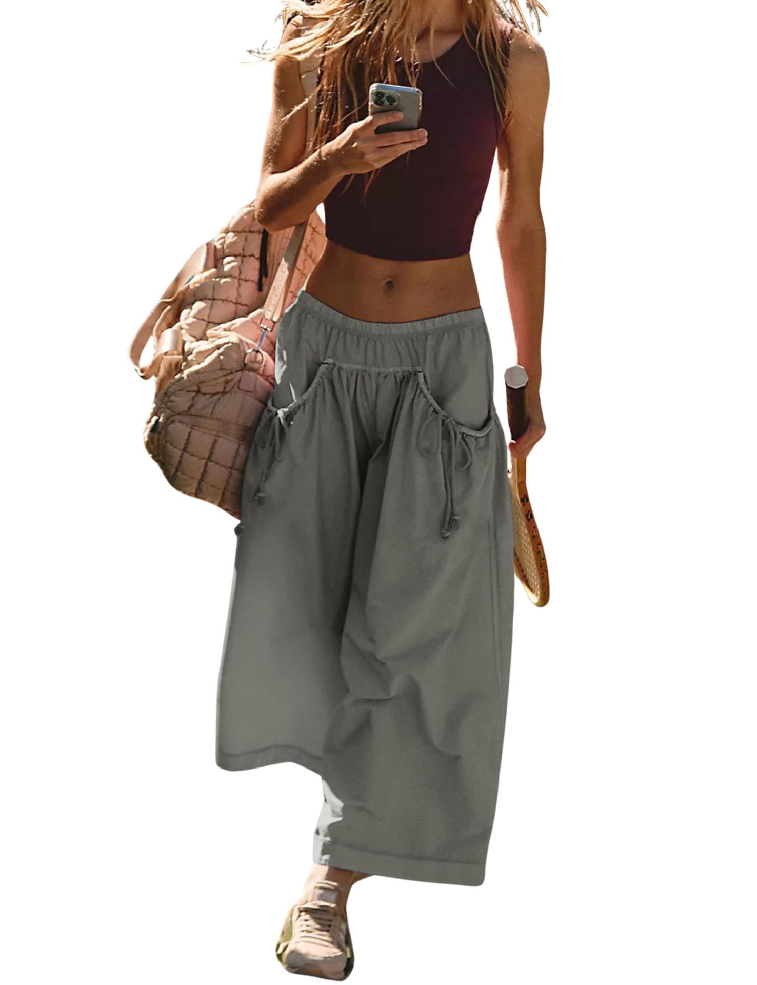 Womens Loose Wide Leg Track Pants Boho Sport Style Drawstring Pockets Elastic Waist