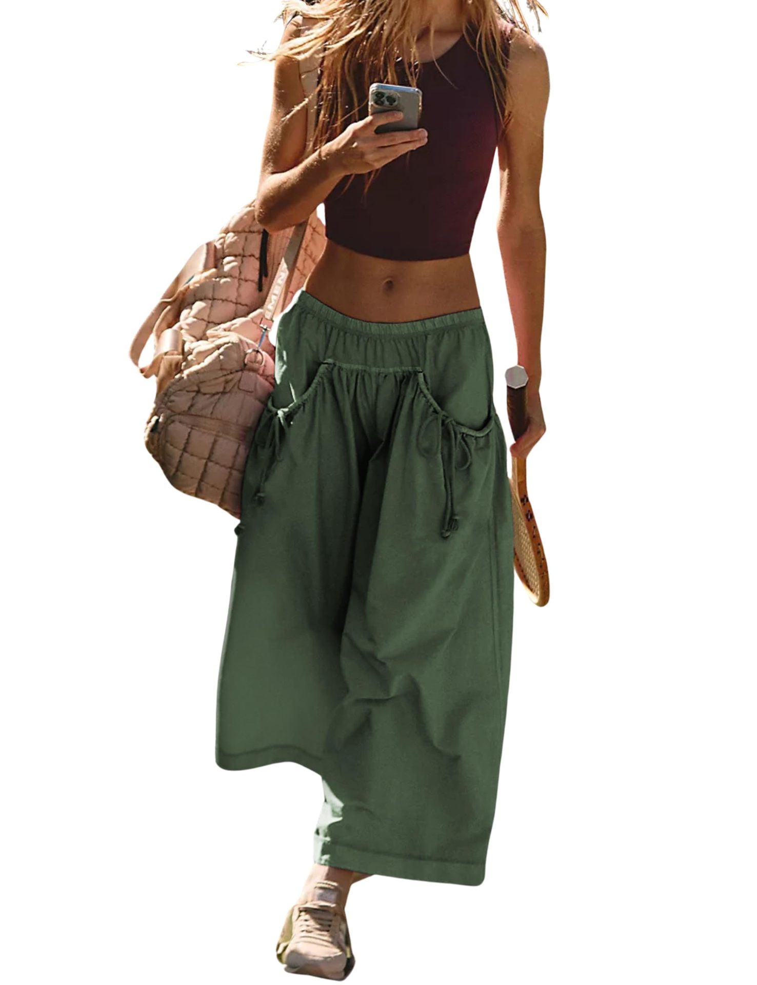 Womens Loose Wide Leg Track Pants Boho Sport Style Drawstring Pockets Elastic Waist