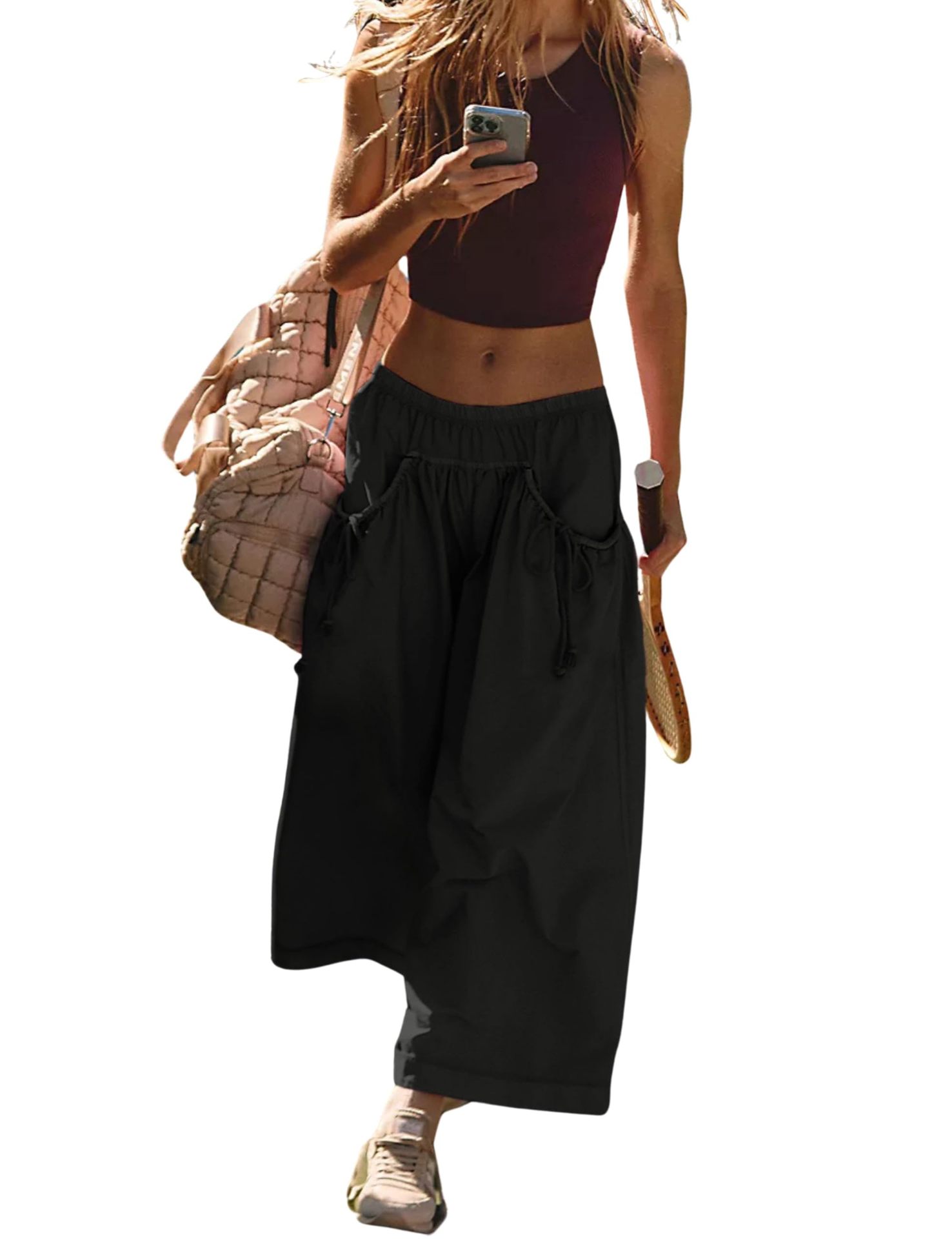 Womens Loose Wide Leg Track Pants Boho Sport Style Drawstring Pockets Elastic Waist