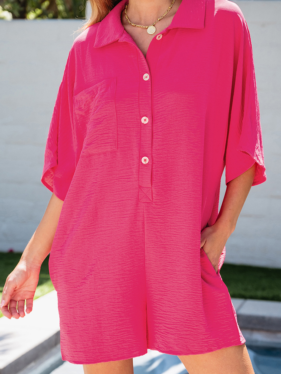 Women's Plain Pocket Button Front Shirt Jumpsuit