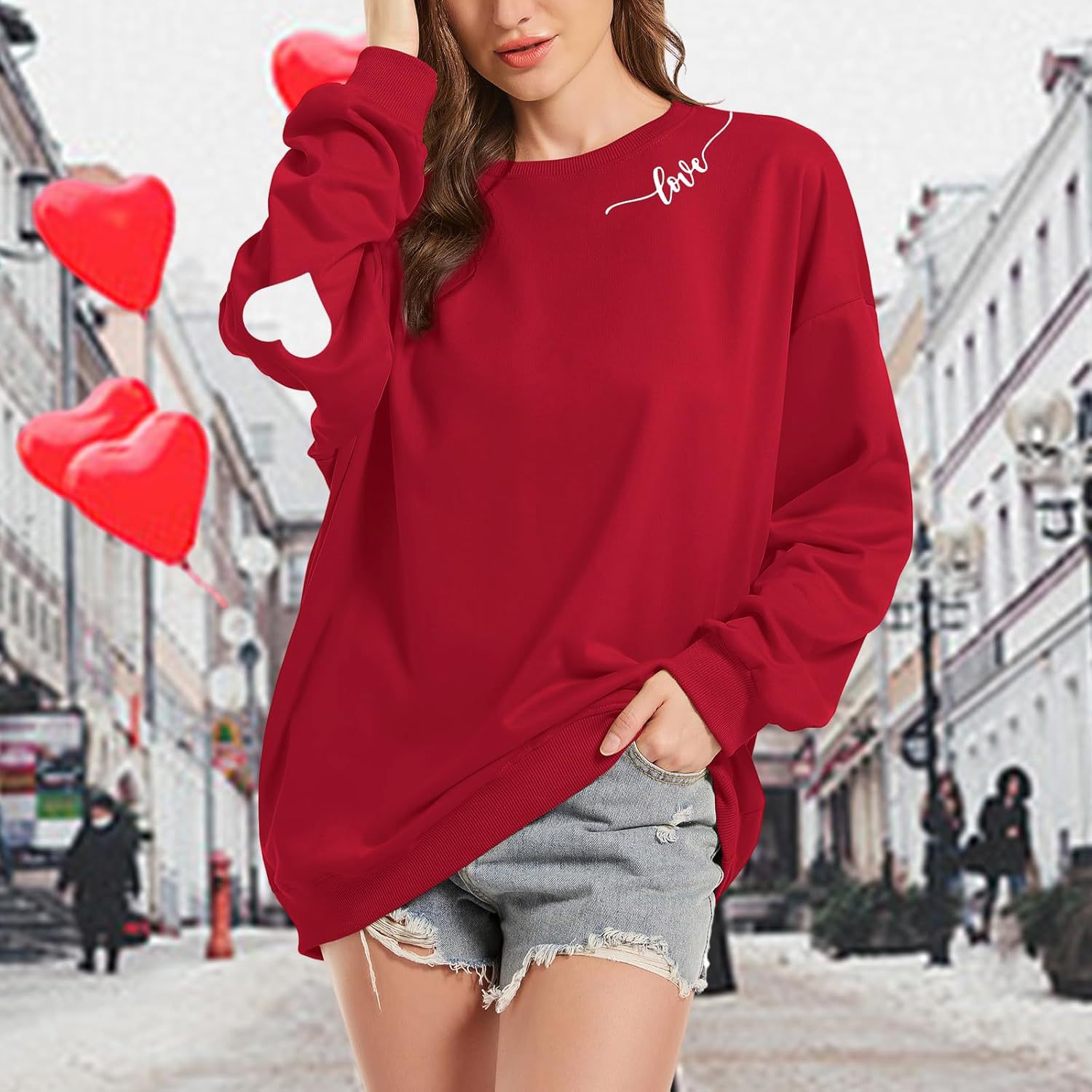 Long Sleeve Sweatershirt with Heart Elbow Patch(BUY TWO FREE SHIPPING&SAVE MORE)