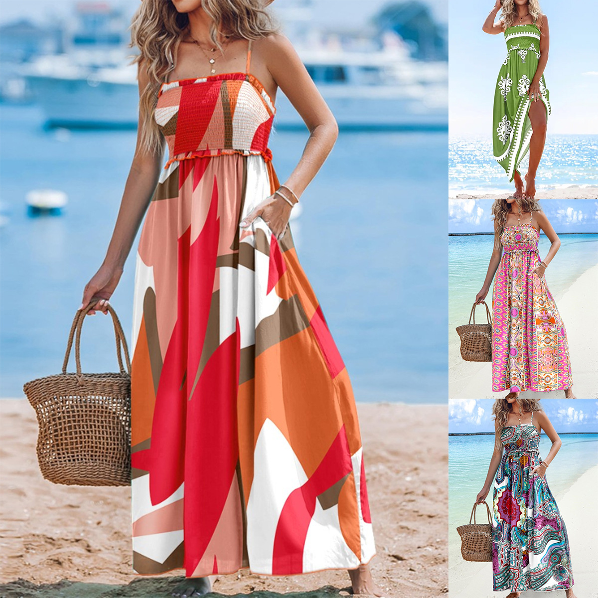 Women's Floral Print Spaghetti Strap Shirred Long Dress Casual Flowy A Line  Dress