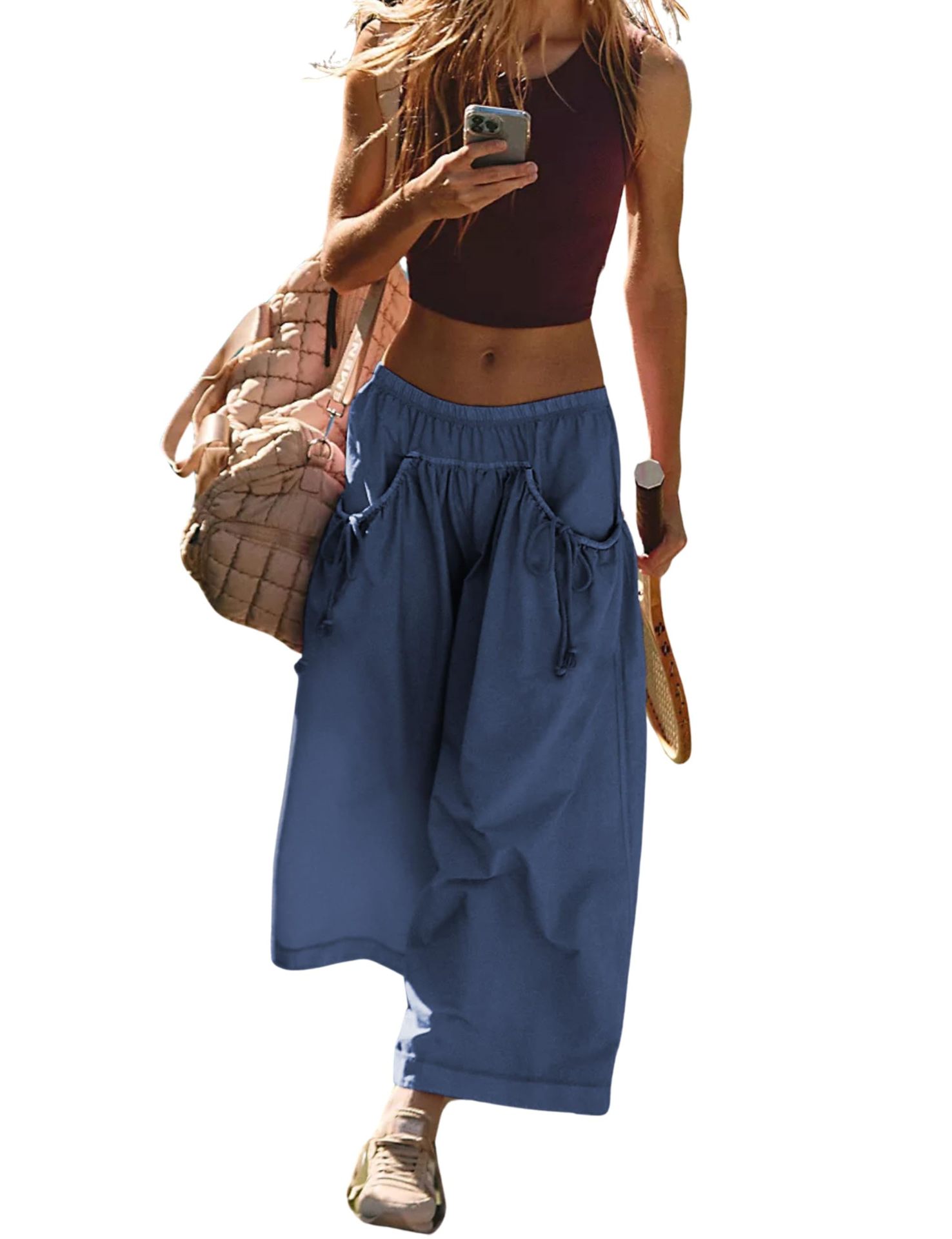 Womens Loose Wide Leg Track Pants Boho Sport Style Drawstring Pockets Elastic Waist