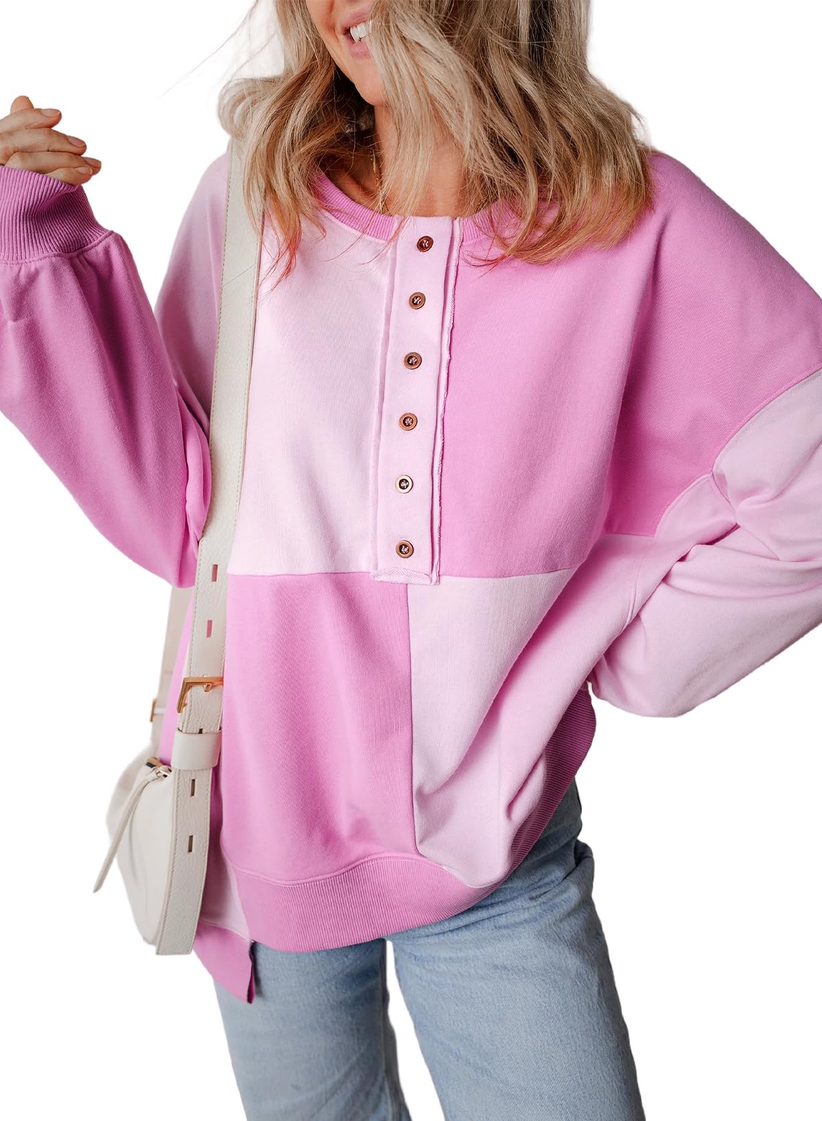2024 New Women's Casual Color Block Loose Button Henley Pullover Top(buy 2 10% OFF)