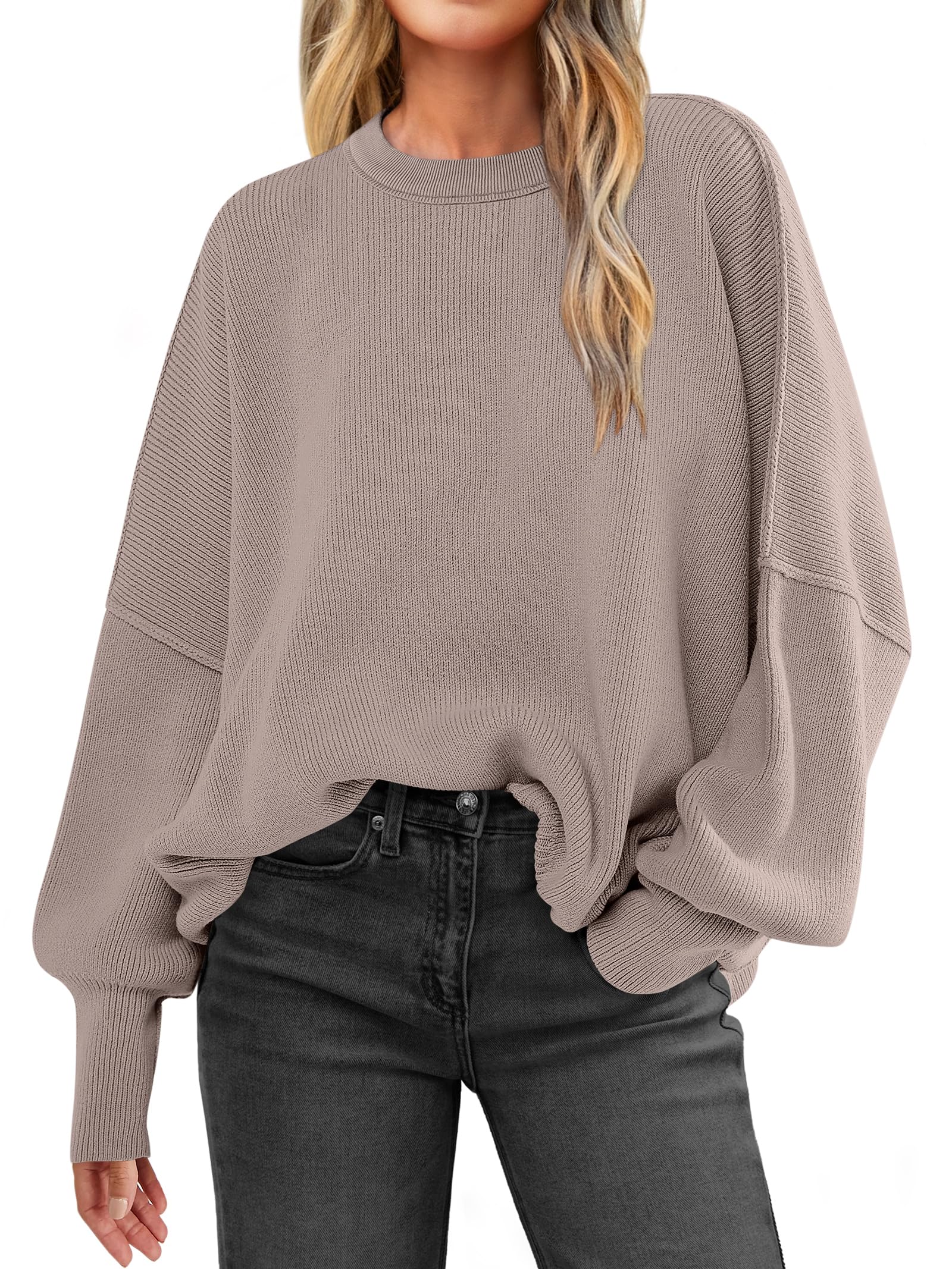 Women Oversized Side Slit Ribbed Knit Pullover Sweaters Top 