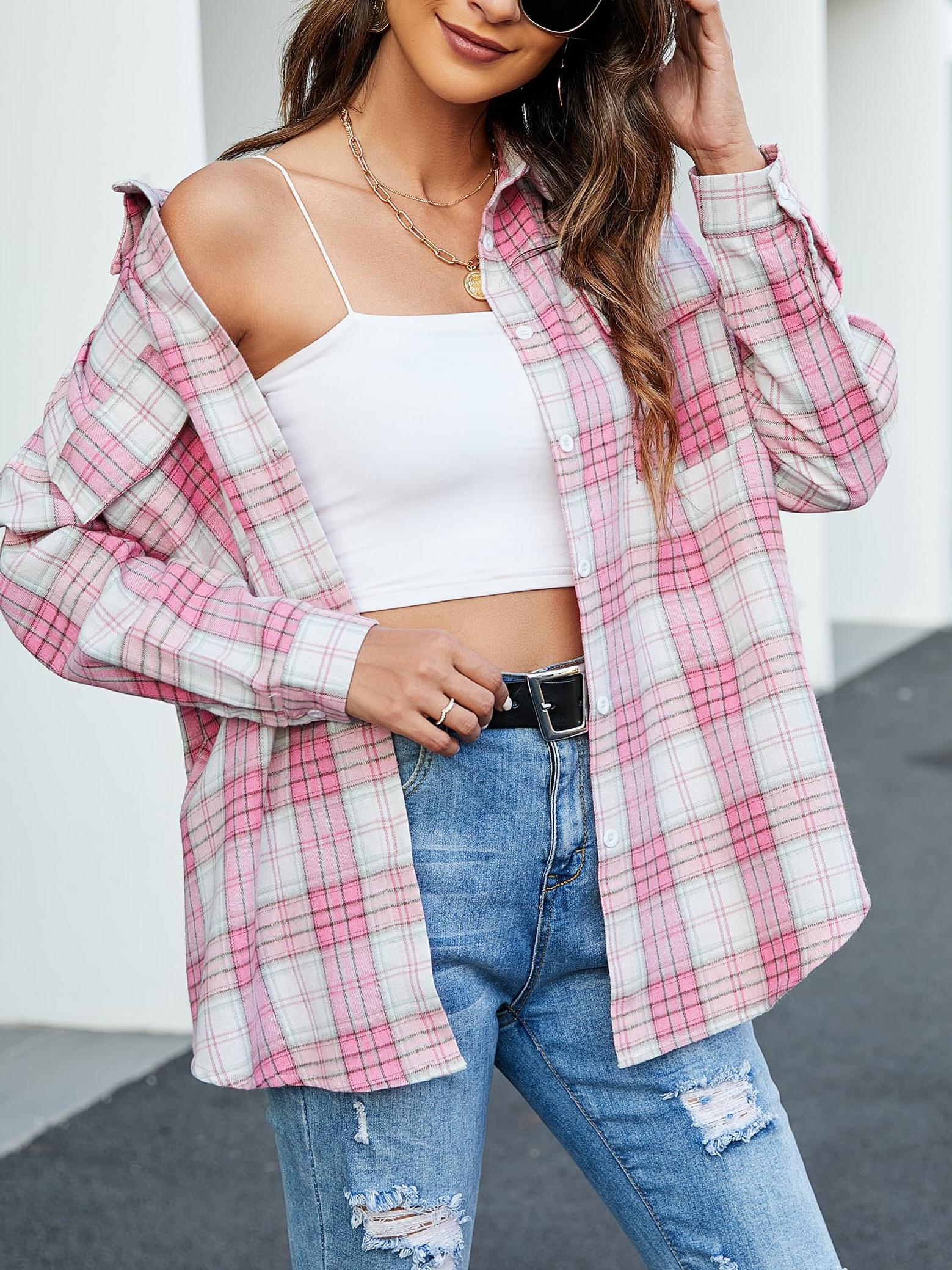 Women's Button Down Flannel Shirts Plaid Shacket
