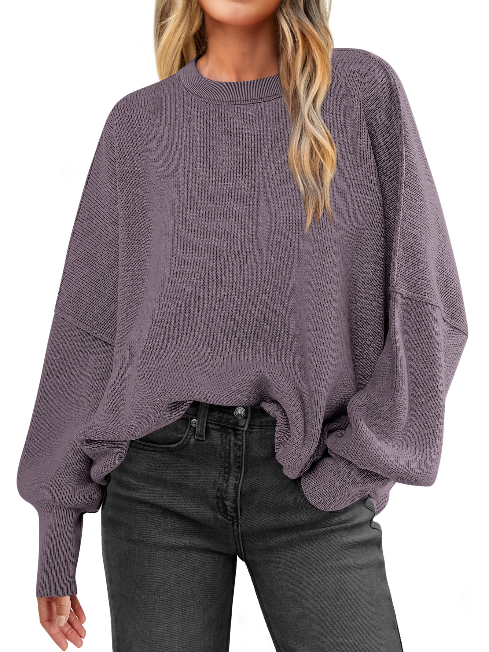 Women Oversized Side Slit Ribbed Knit Pullover Sweaters Top 