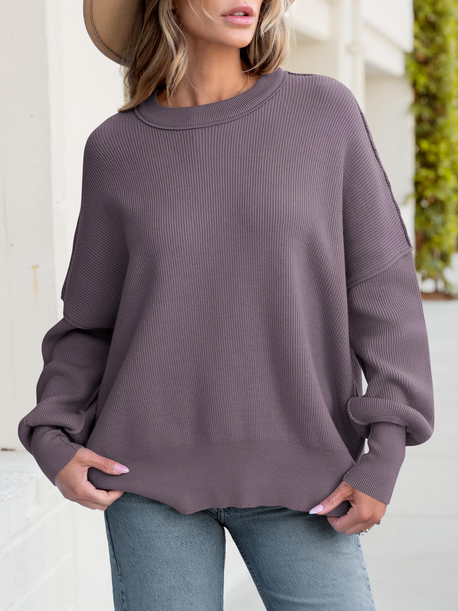 Women Oversized Side Slit Ribbed Knit Pullover Sweaters Top 