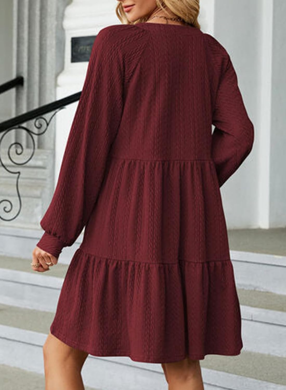 Womens Long Sleeve V Neck Textured  Tiered Ruffle  Mini Babydoll Dress