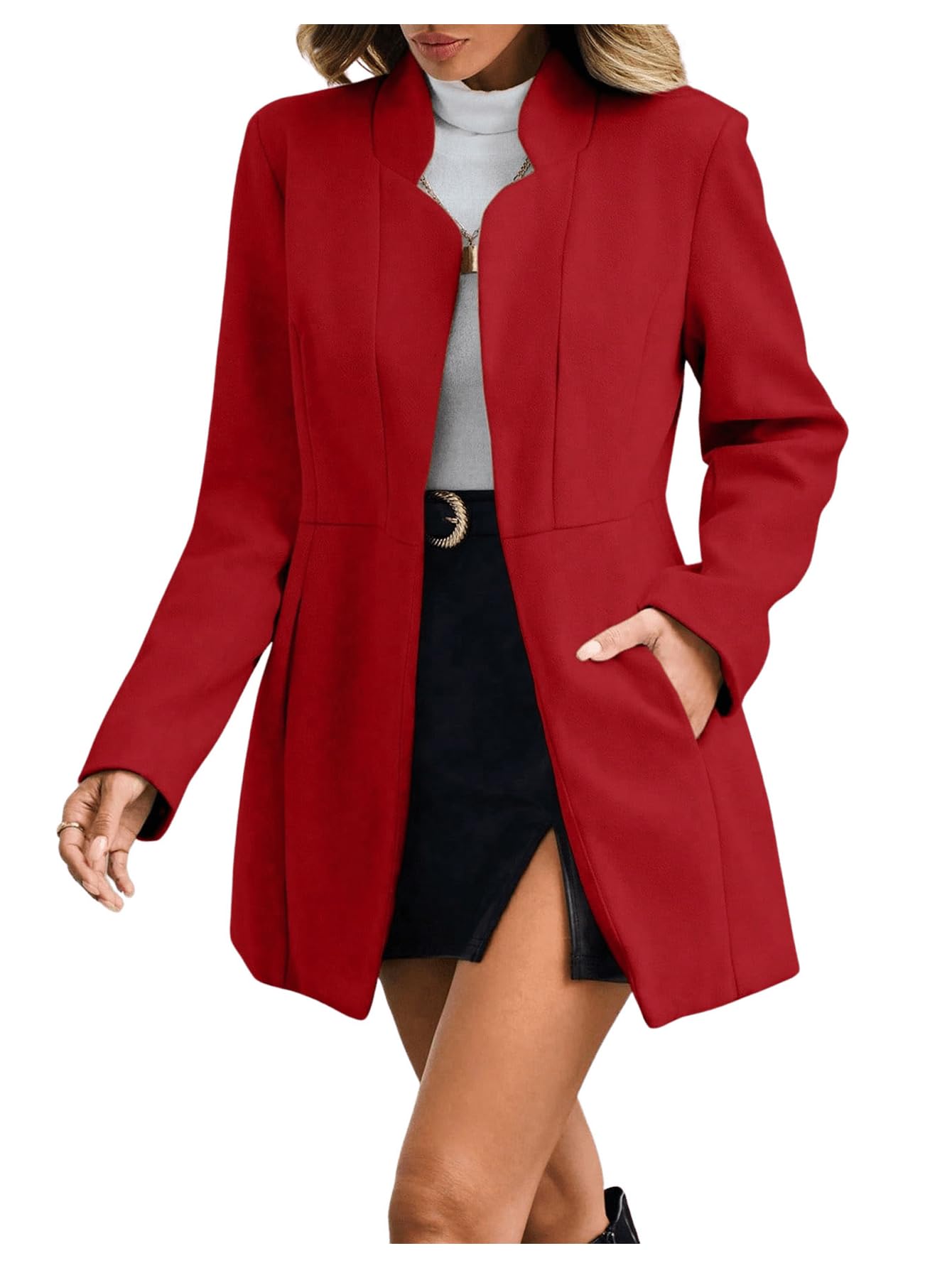 Women's Open Front Slim Fit Overcoat Long Sleeve Stand Collar Outerwear 