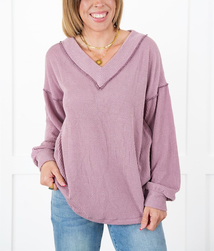 Ribbed Long Sleeve V-Neck Pullover Top