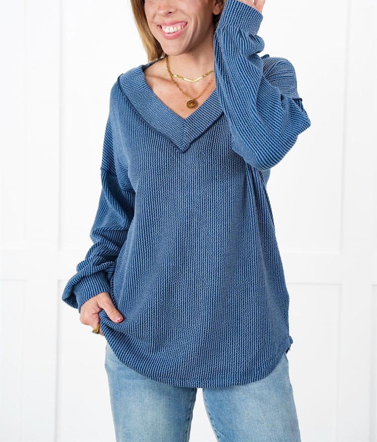 Ribbed Long Sleeve V-Neck Pullover Top