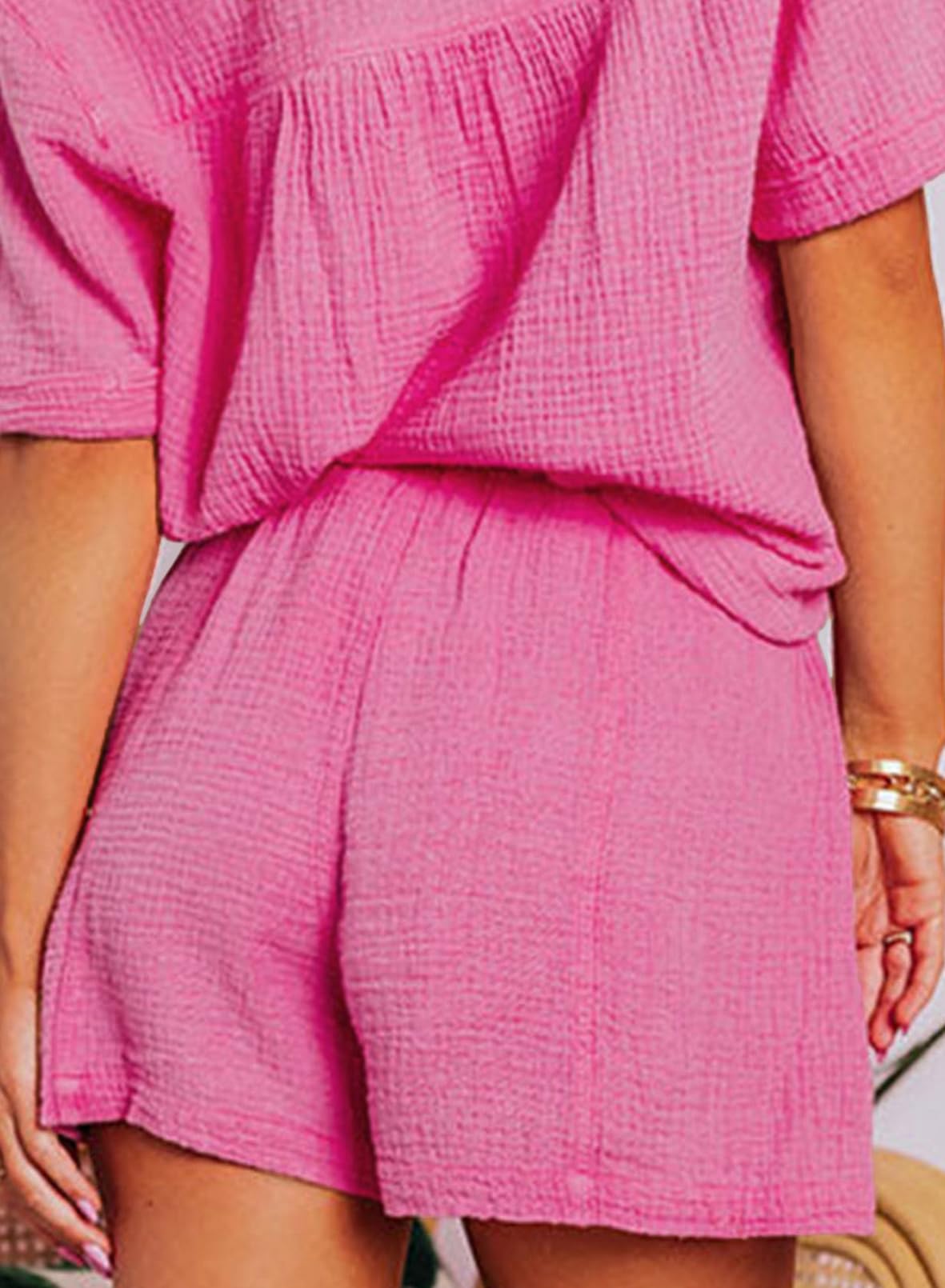 Women's Two Piece Outfits V Neck Short Sleeve Shirts and High Waist Shorts Lounge Sets