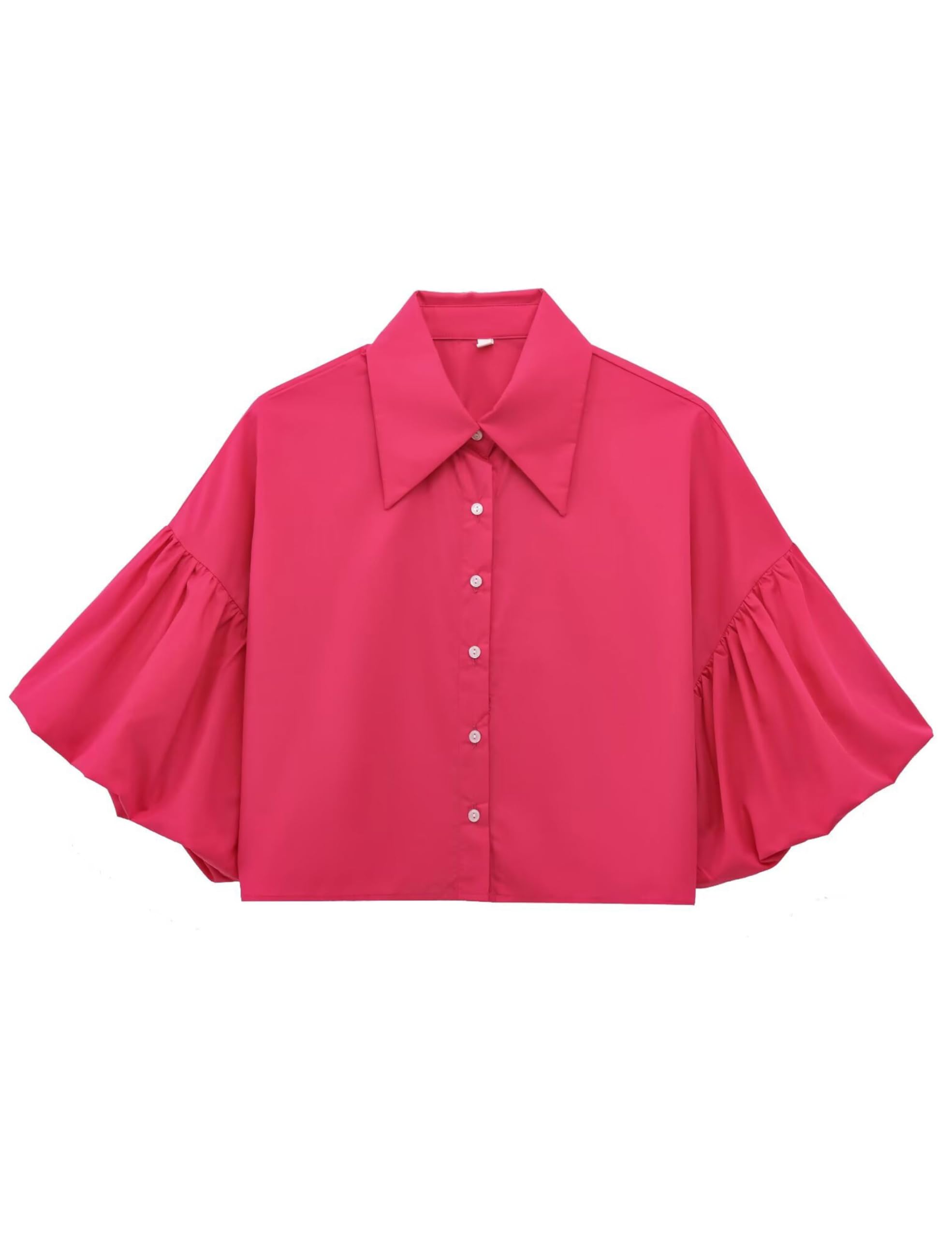 Womens Cute Lantern Sleeve Collar Button Down Crop Tops(buy 2 free shipping)