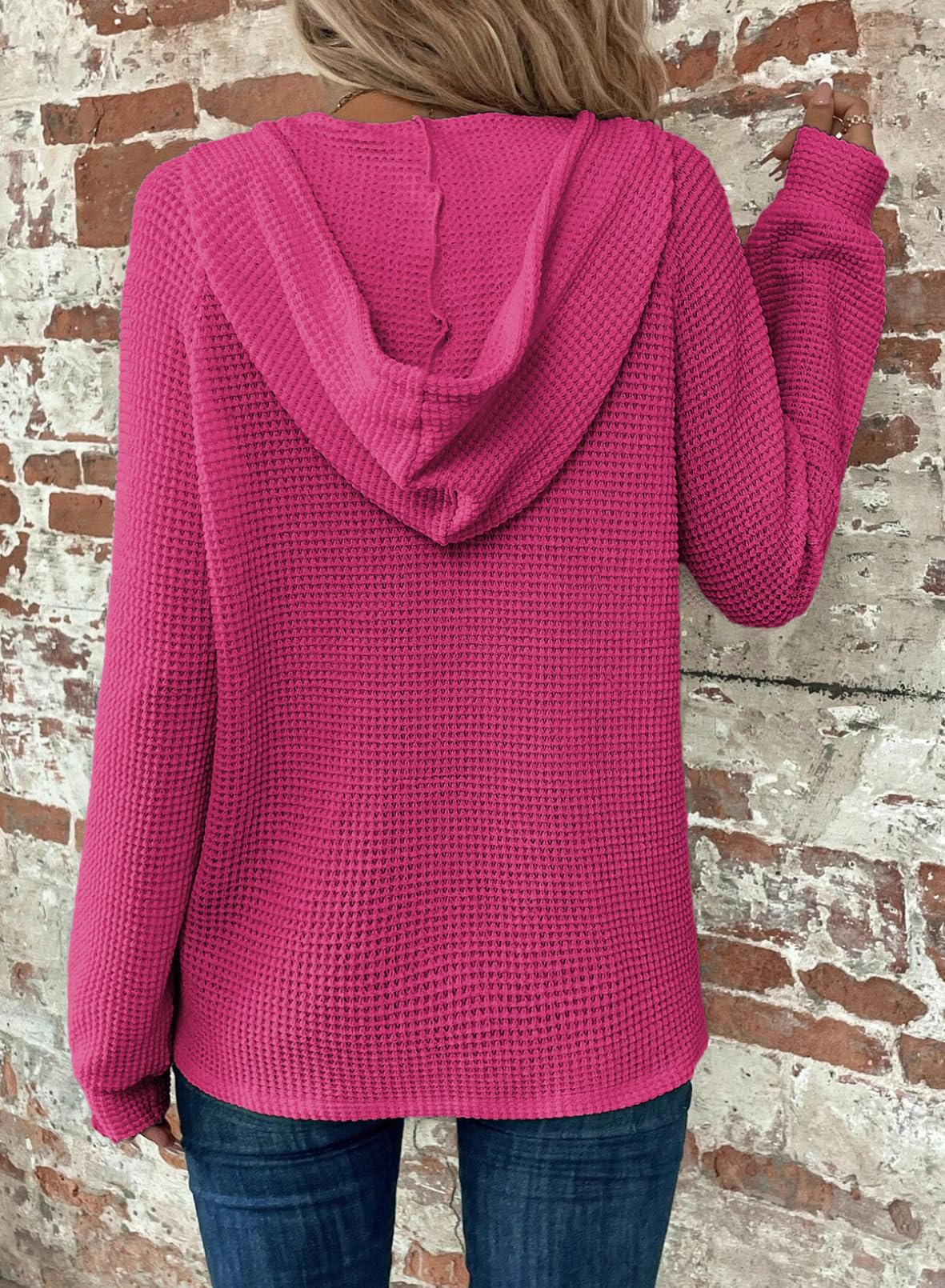 2024 New Women's Waffle Knit Drawstring Button V Neck Hooded Sweatshirt(buy 2 free shipping)