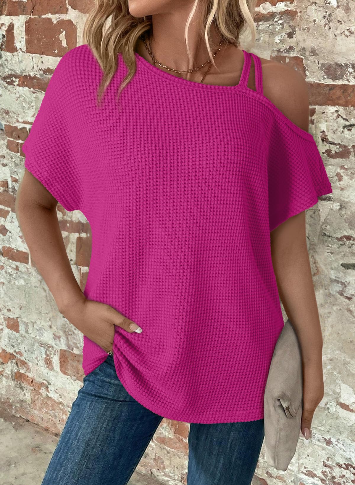 2025 New Women's Off One Shoulder Waffle Knit Short Sleeve T-Shirts(buy 2 free shipping)