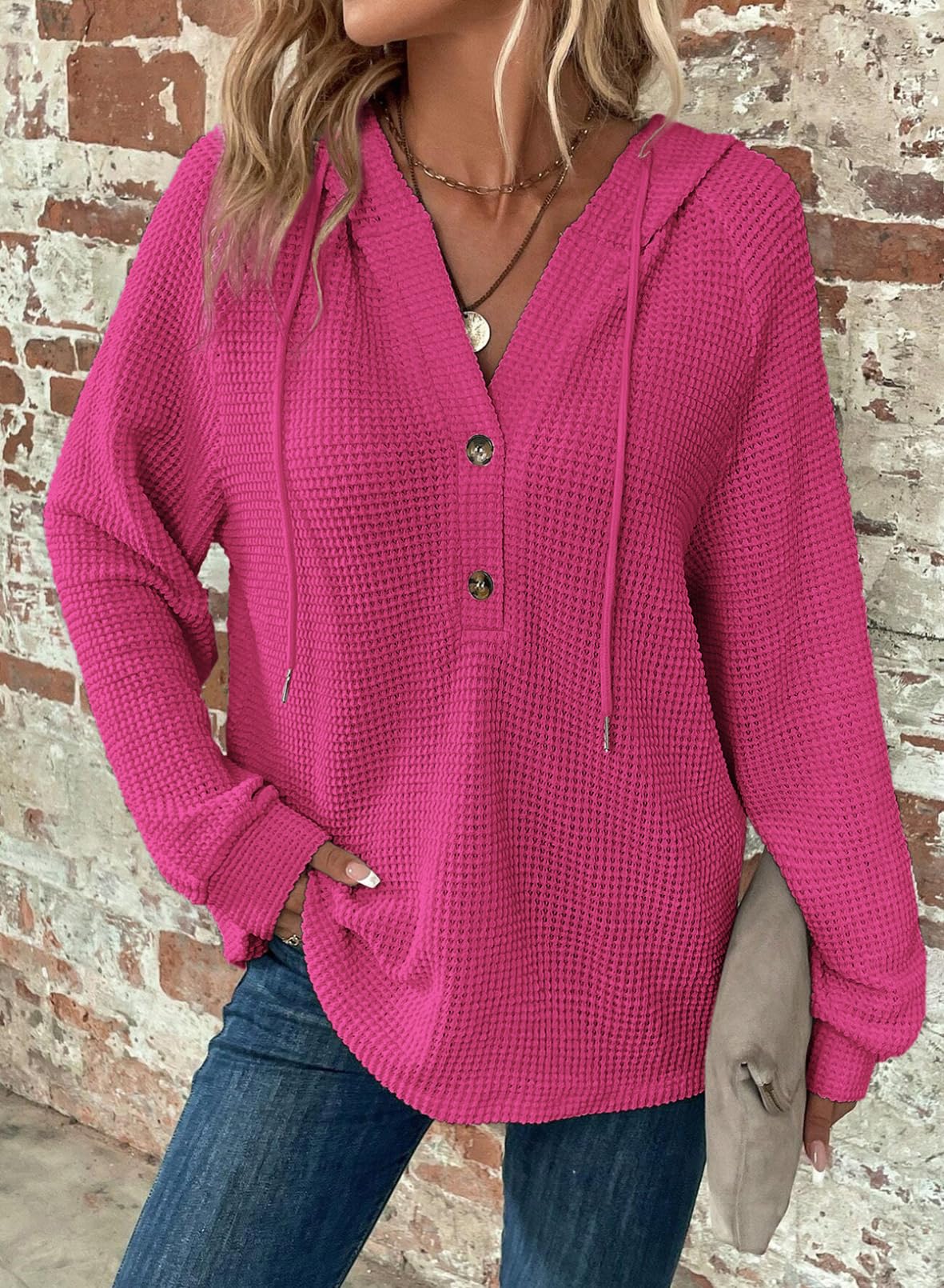 2024 New Women's Waffle Knit Drawstring Button V Neck Hooded Sweatshirt(buy 2 free shipping)