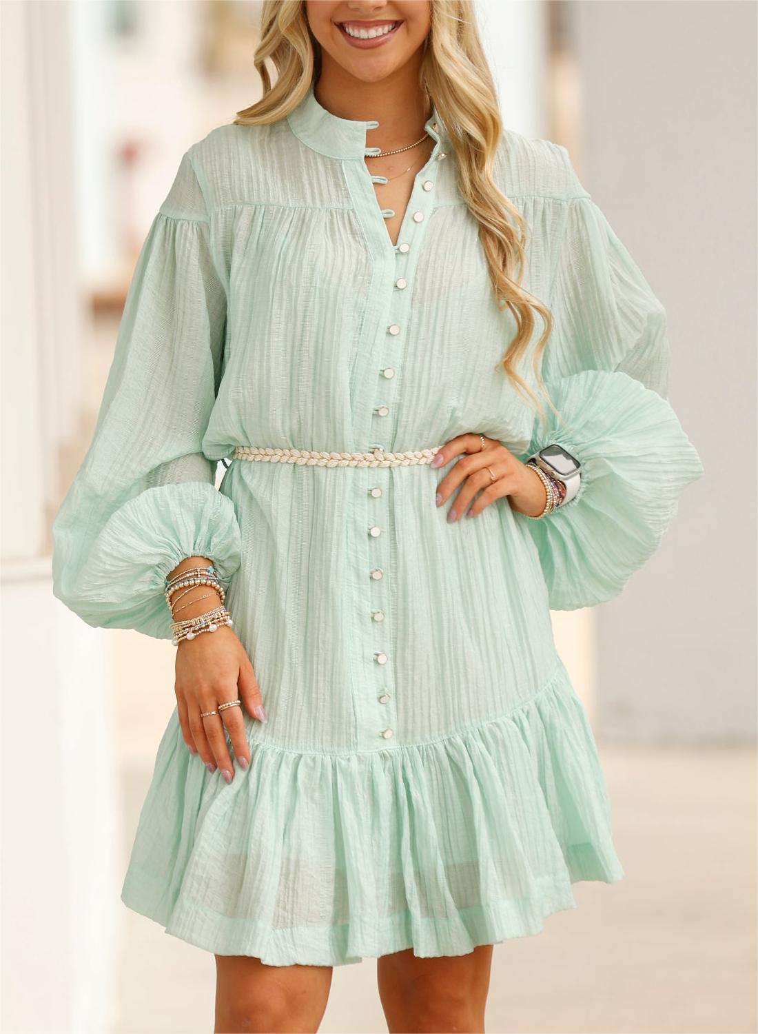 WOMEN'S TEXTURED BUTTON DOWN BELTED MINI DRESS(BUY 2 FREE SHIPPING)