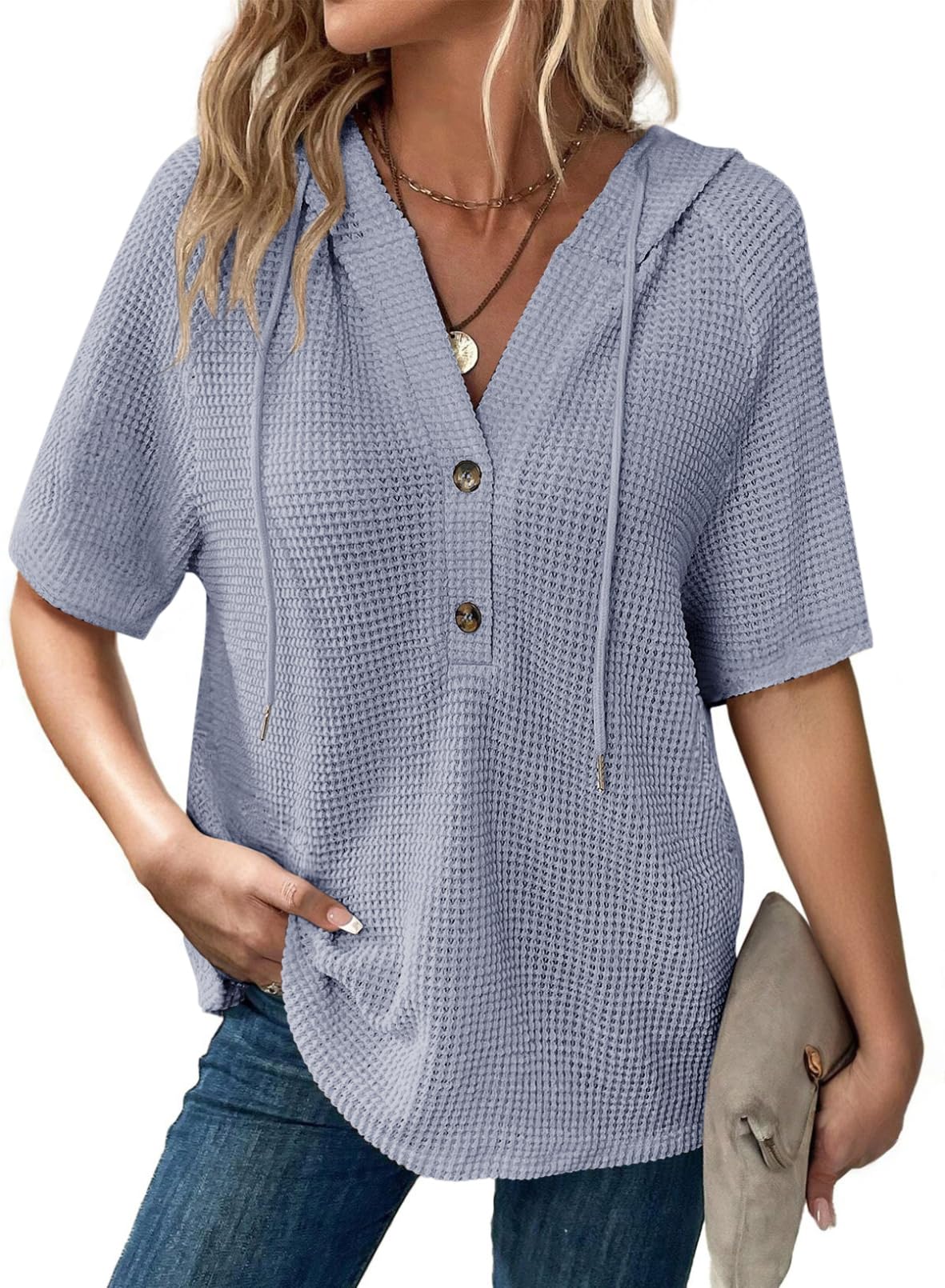 Women's Waffle Knit Button V Neck Short Sleeve Lightweight Drawstring Hoodies(BUY 2 10% off) 