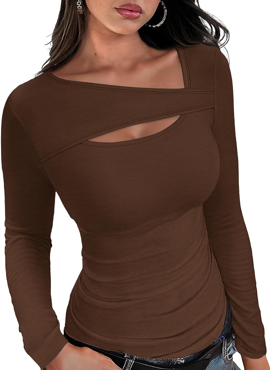 Womens Cutout Long Sleeve Shirts Ribbed Slim Fit Tops