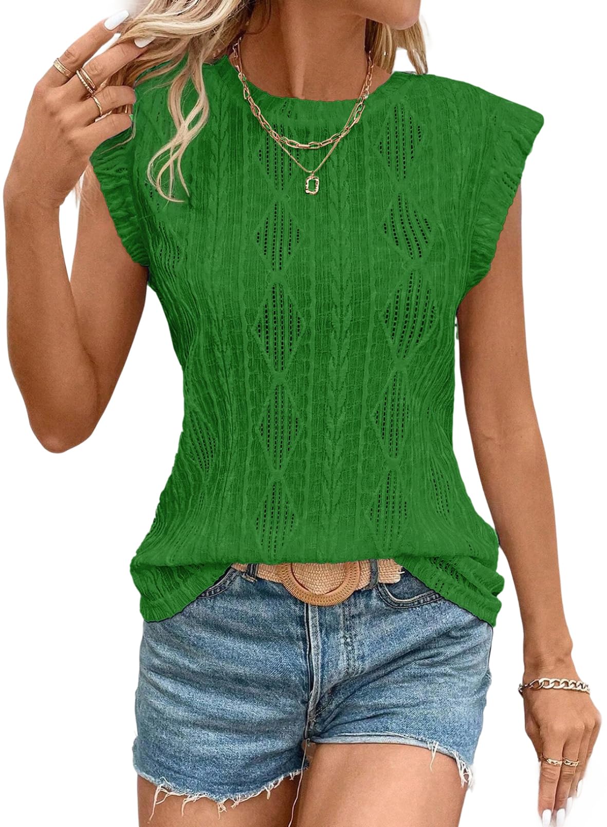 2025 New Women's Cap Sleeve Lightweight Crochet Knit Texture Top(buy 2 10% OFF)