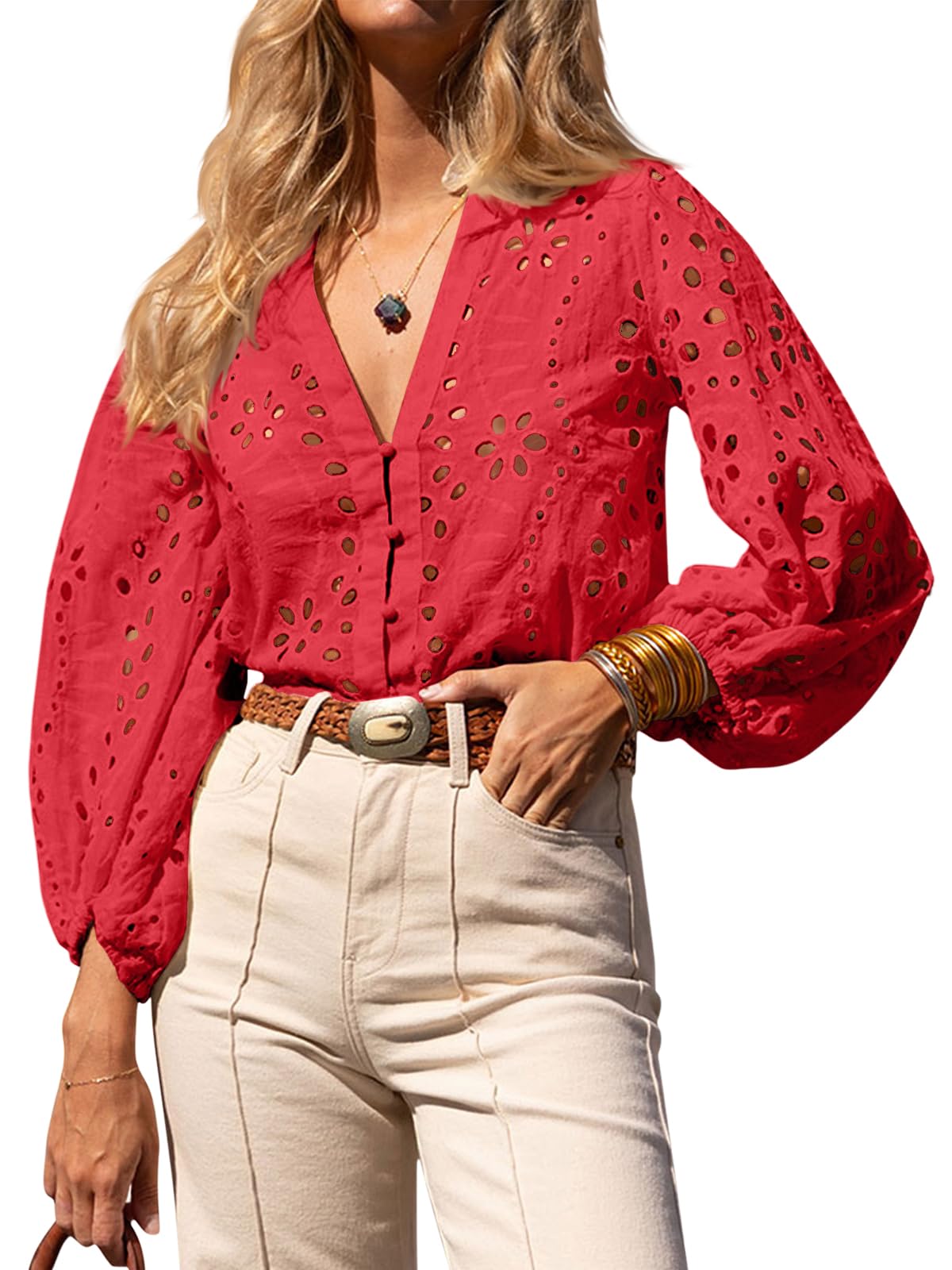 Womens Deep V Neck Eyelet Blouses Casual 3/4 Balloon Sleeve Button Down Shirts(buy 2 free shipping)