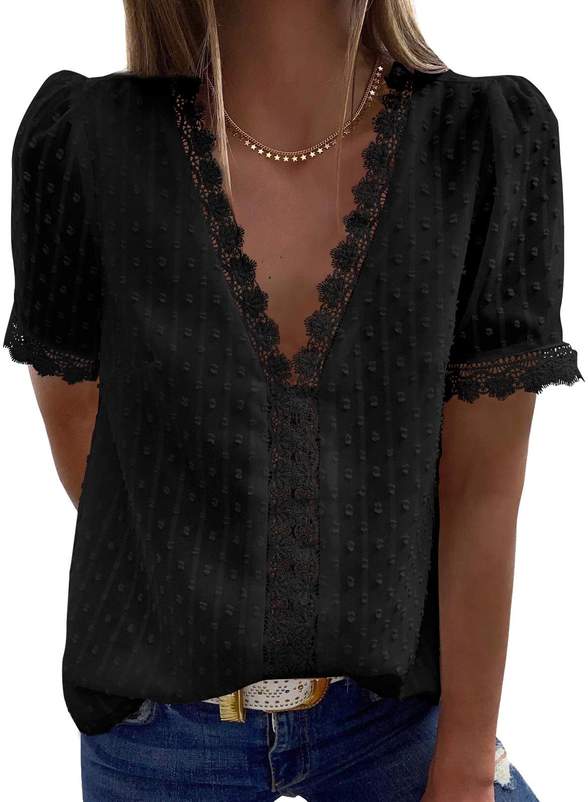 2025 New Women's V Neck Lace Crochet Tunic Tops Flowy Casual Shirts(buy 3 free shipping)