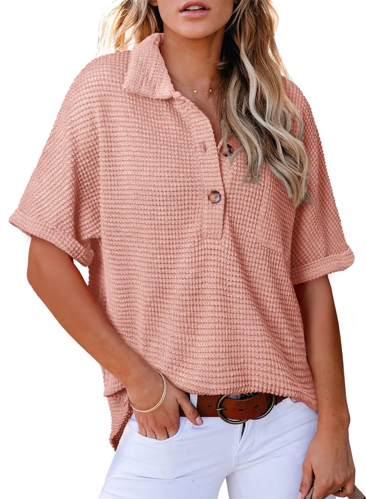 2025 New Women's Waffle Knit Short Sleeve Tunic Henley Shirts(buy 2 10% OFF)