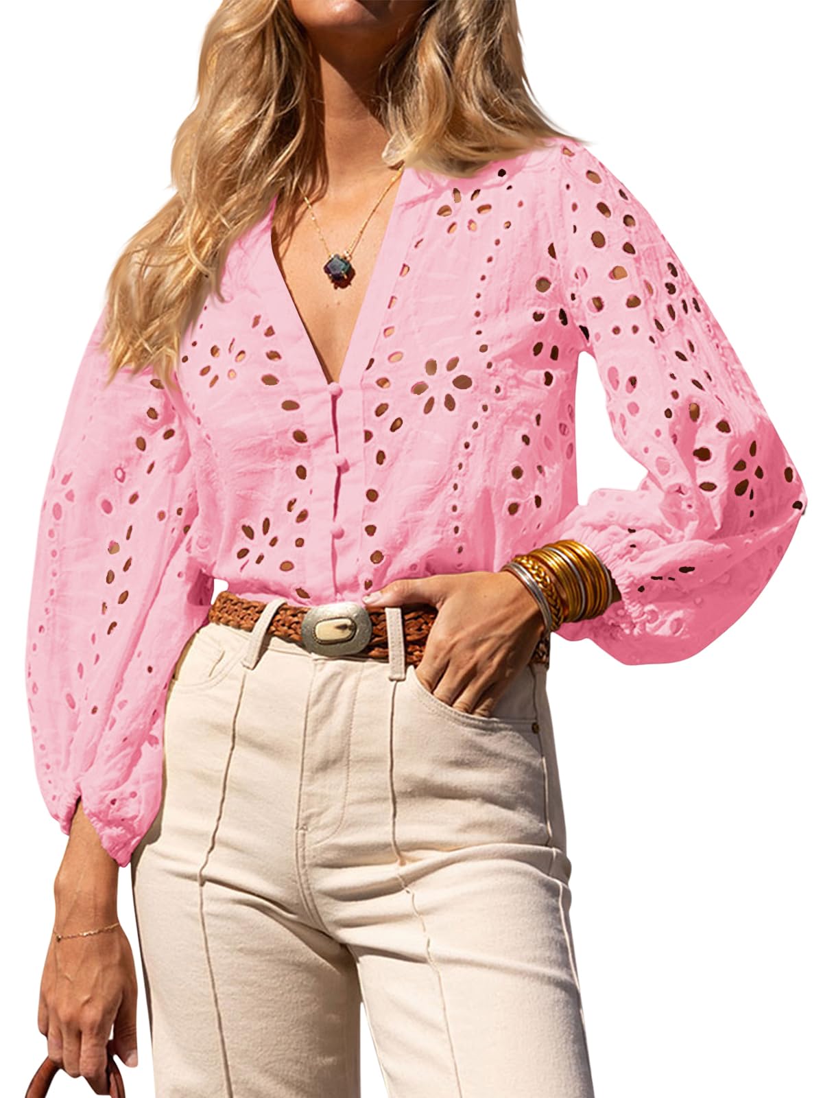 Womens Deep V Neck Eyelet Blouses Casual 3/4 Balloon Sleeve Button Down Shirts(buy 2 free shipping)