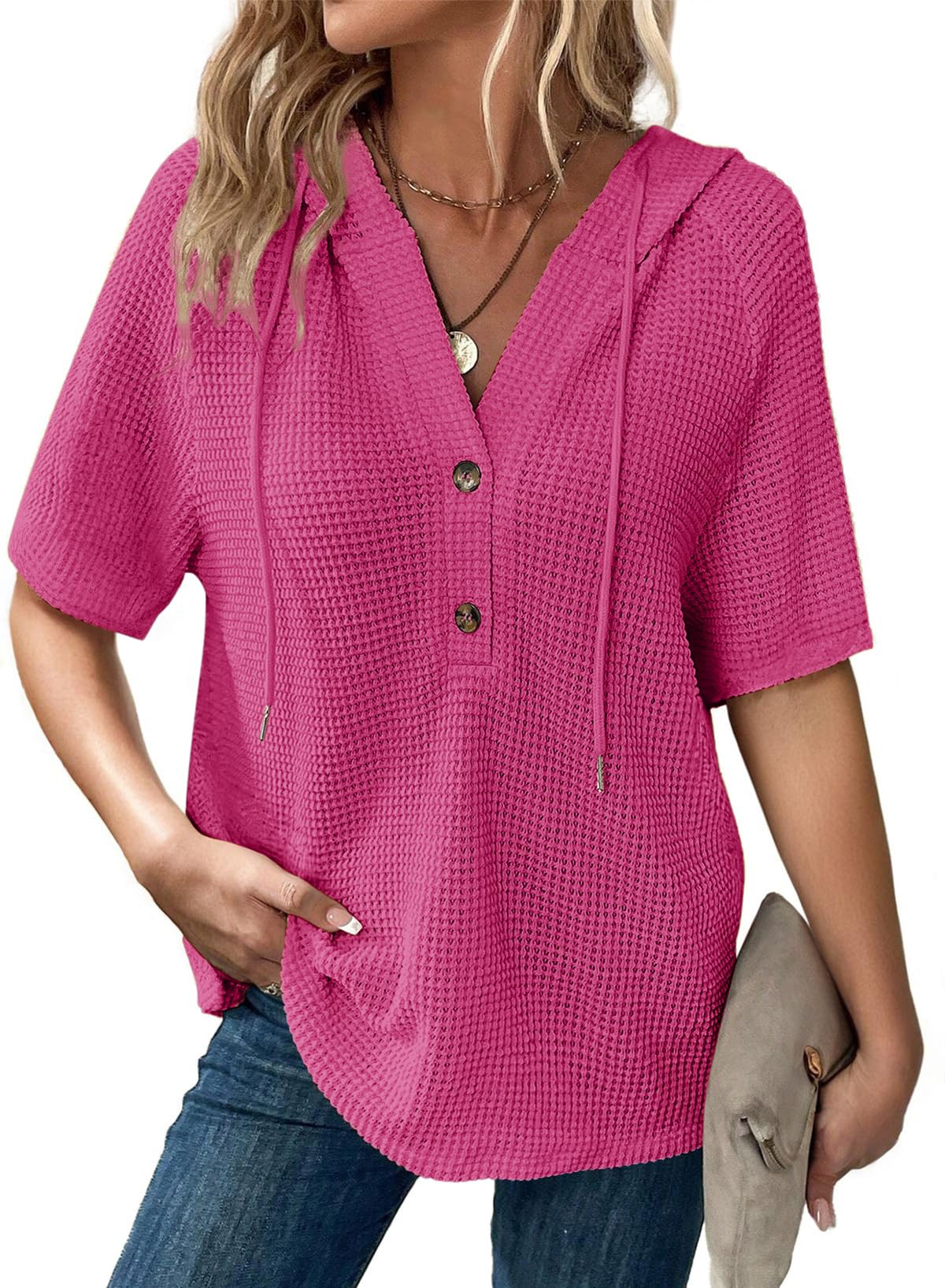Women's Waffle Knit Button V Neck Short Sleeve Lightweight Drawstring Hoodies(BUY 2 10% off) 