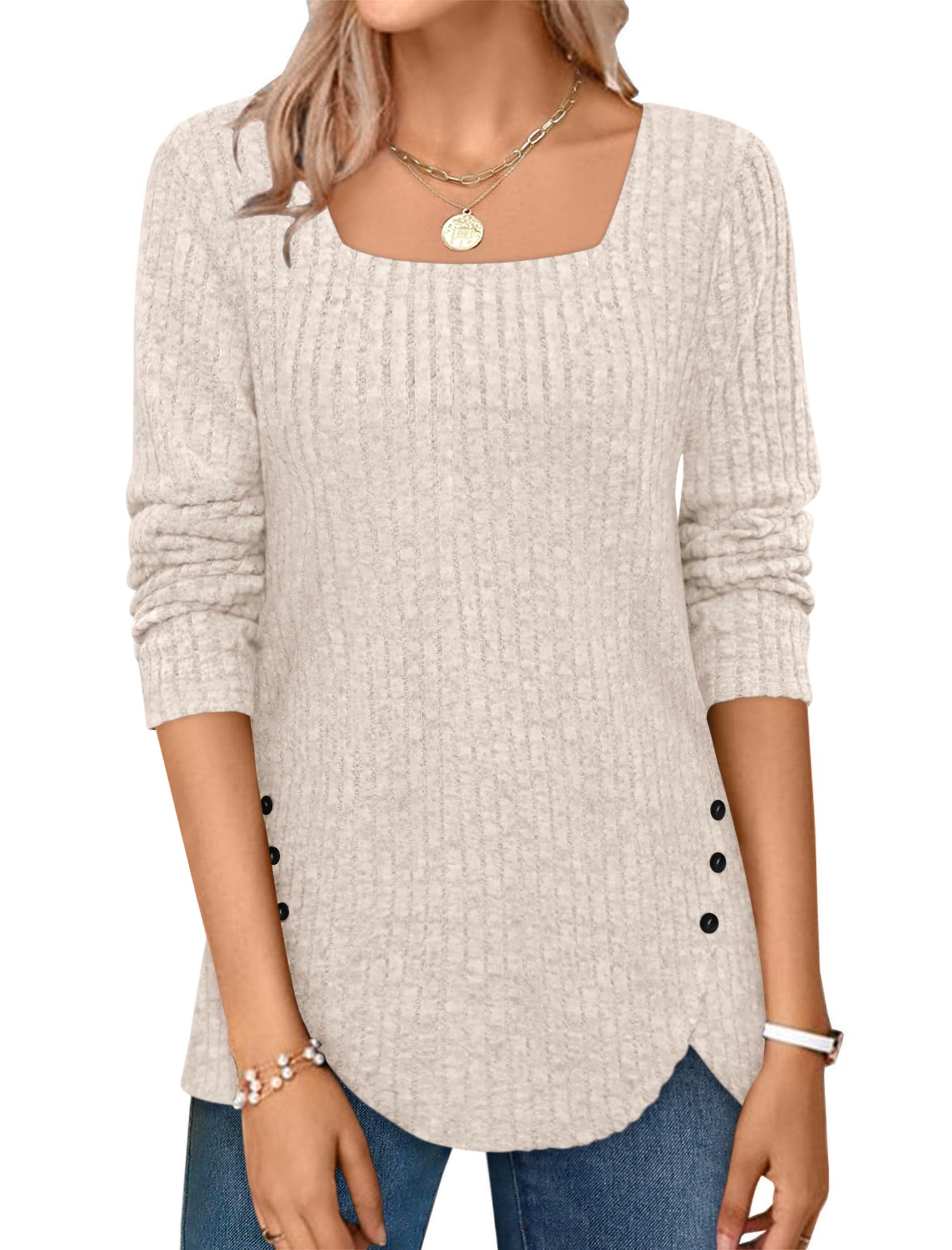 ⏰Hot Sale-2024 Squared Neck Sweater Ribbed Knit Tunic Tee Shirts