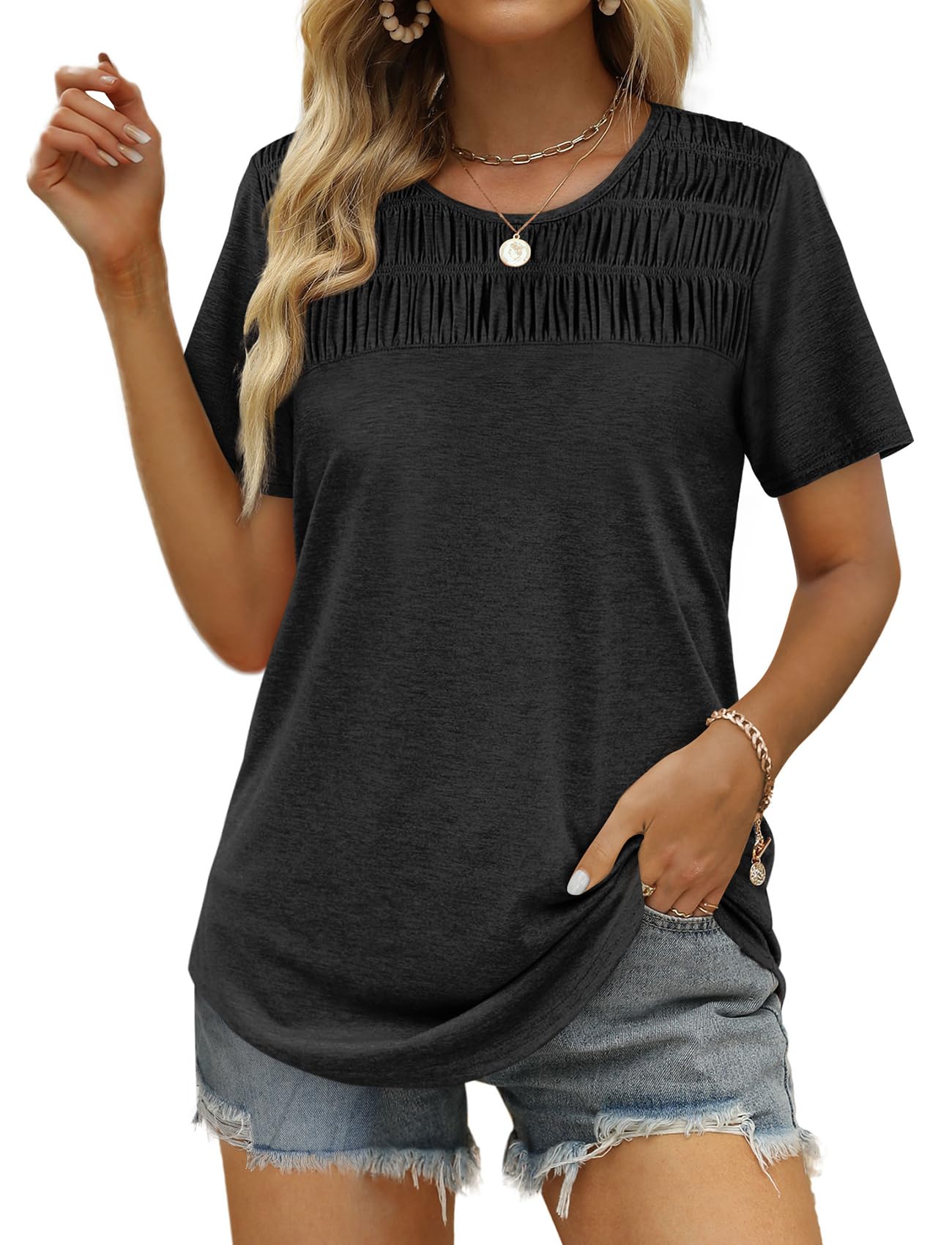 Women's Summer Tops 2025 Trendy Short Sleeve Shirts Smocked Crewneck Tee