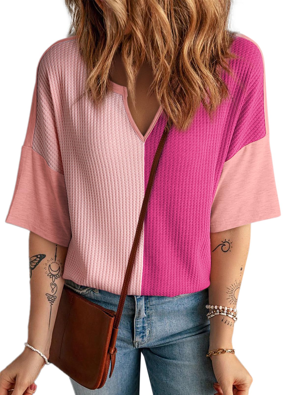2025 New Women's Half Sleeve Waffle Knit Casual V Neck Colorblock Patchwork Shirts(buy 2 free shipping)