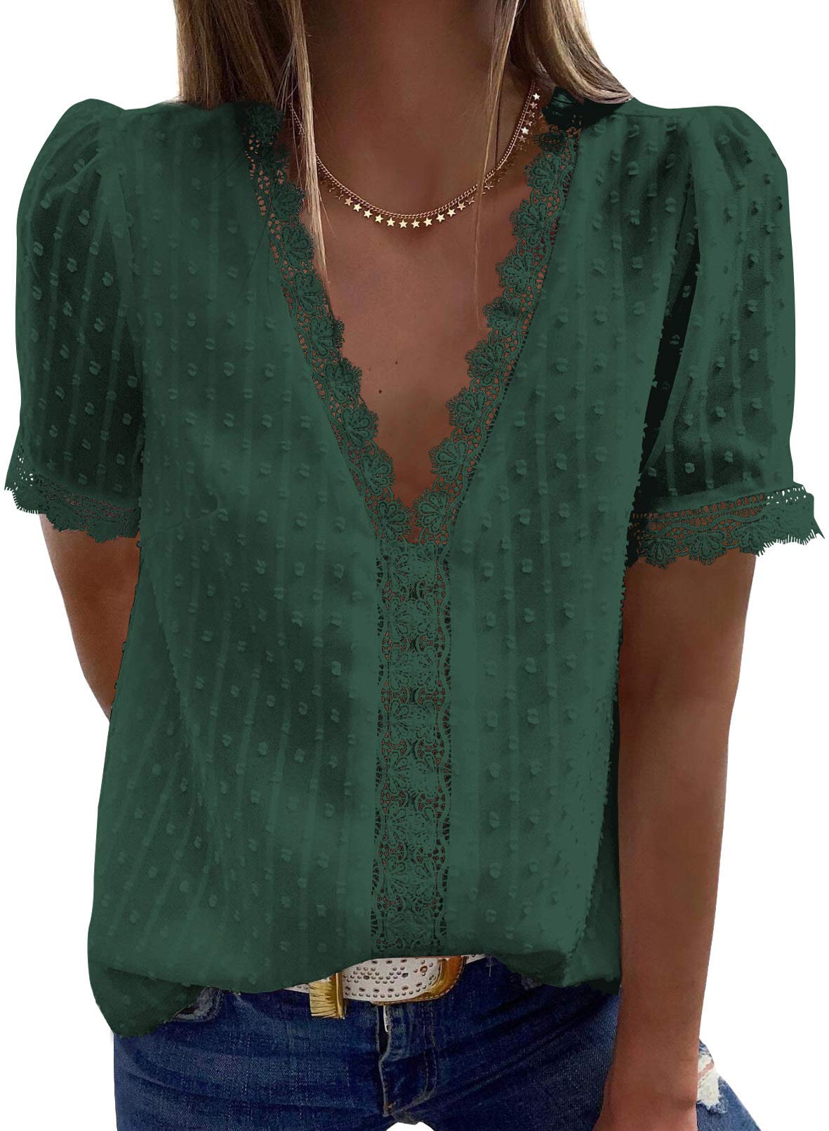 2025 New Women's V Neck Lace Crochet Tunic Tops Flowy Casual Shirts(buy 3 free shipping)