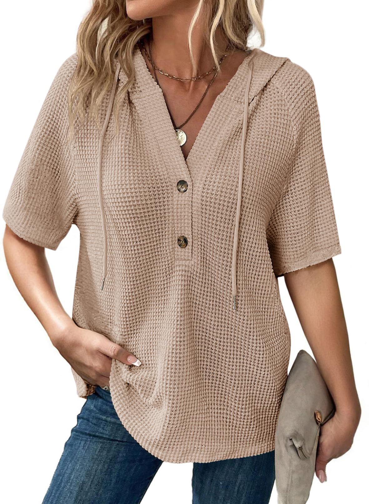Women's Waffle Knit Button V Neck Short Sleeve Lightweight Drawstring Hoodies(BUY 2 10% off) 