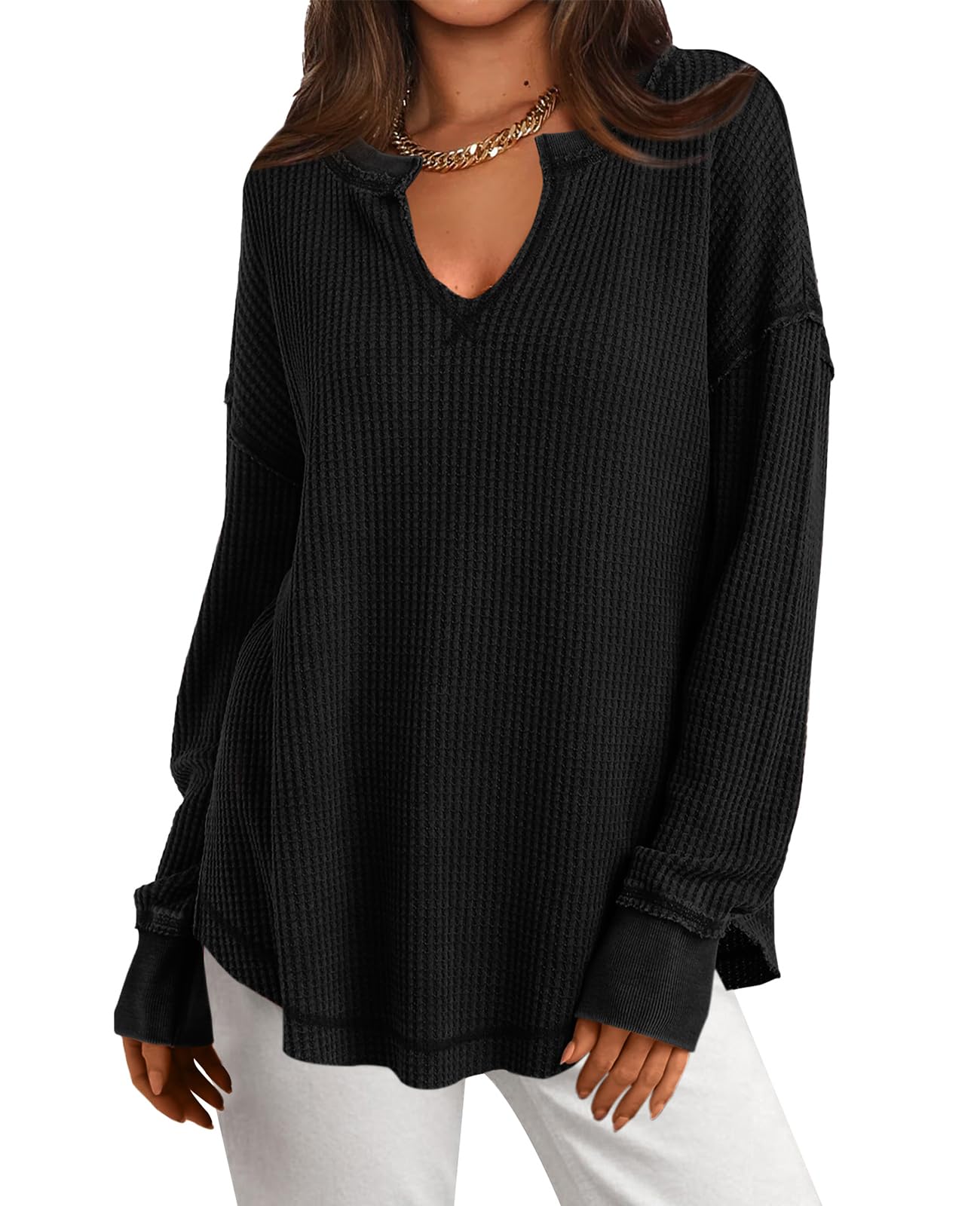 2024 New Women's Waffle Knit Exposed Seam Pullover(buy 2 10% OFF)