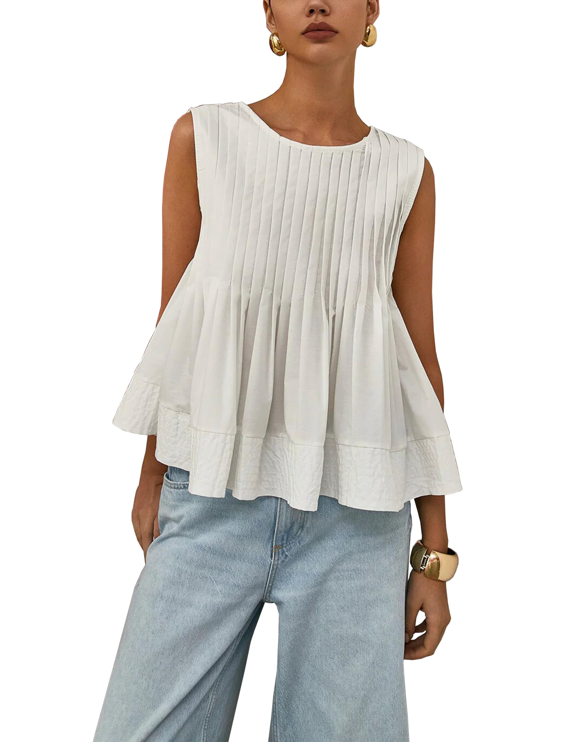 Womens Summer Pleated Peplum Sleeveless Blouse Tank Tops