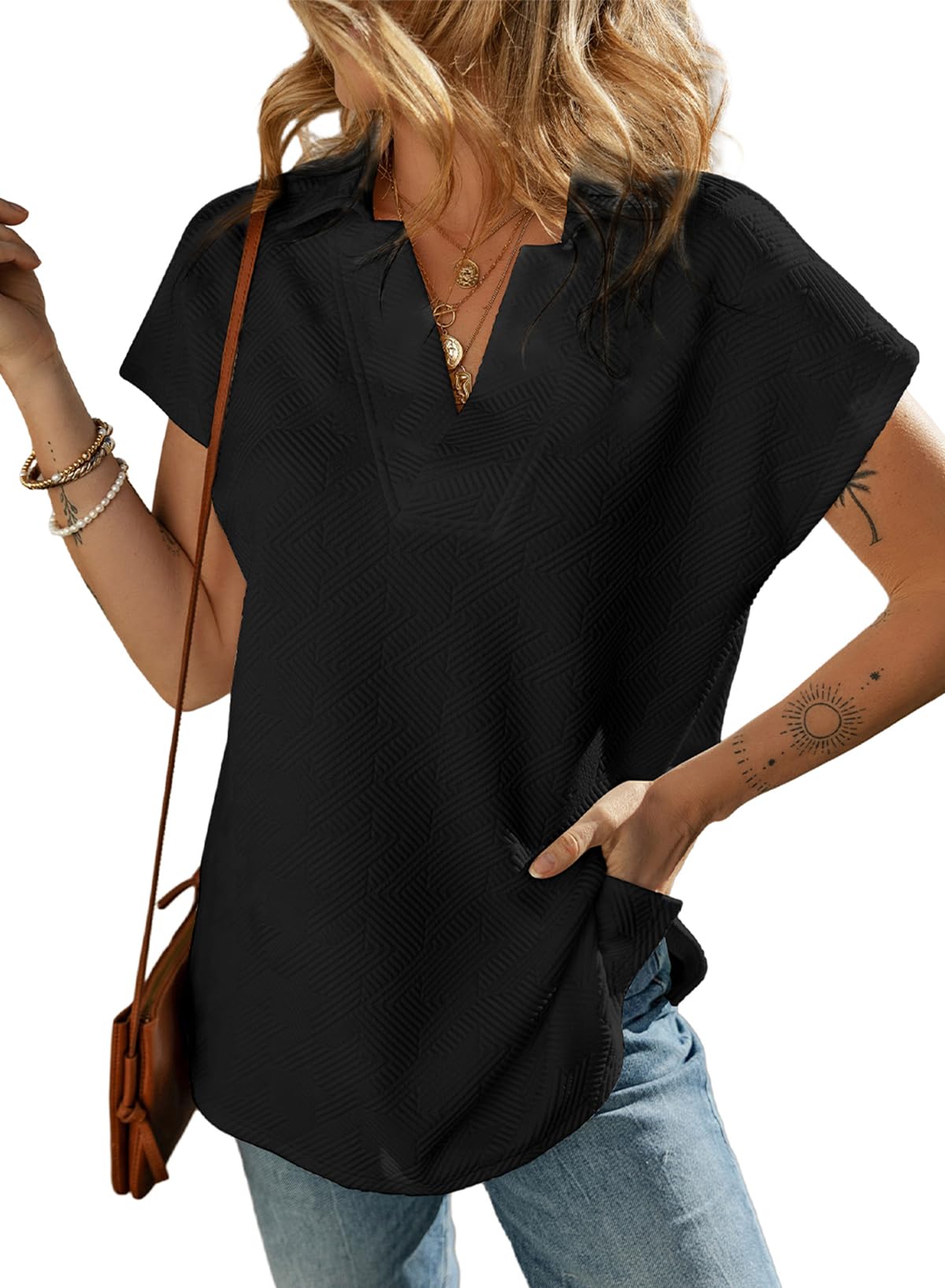 2025 New Women's Casual Collared V Neck Short Sleeve T Shirt(buy 2 free shipping)