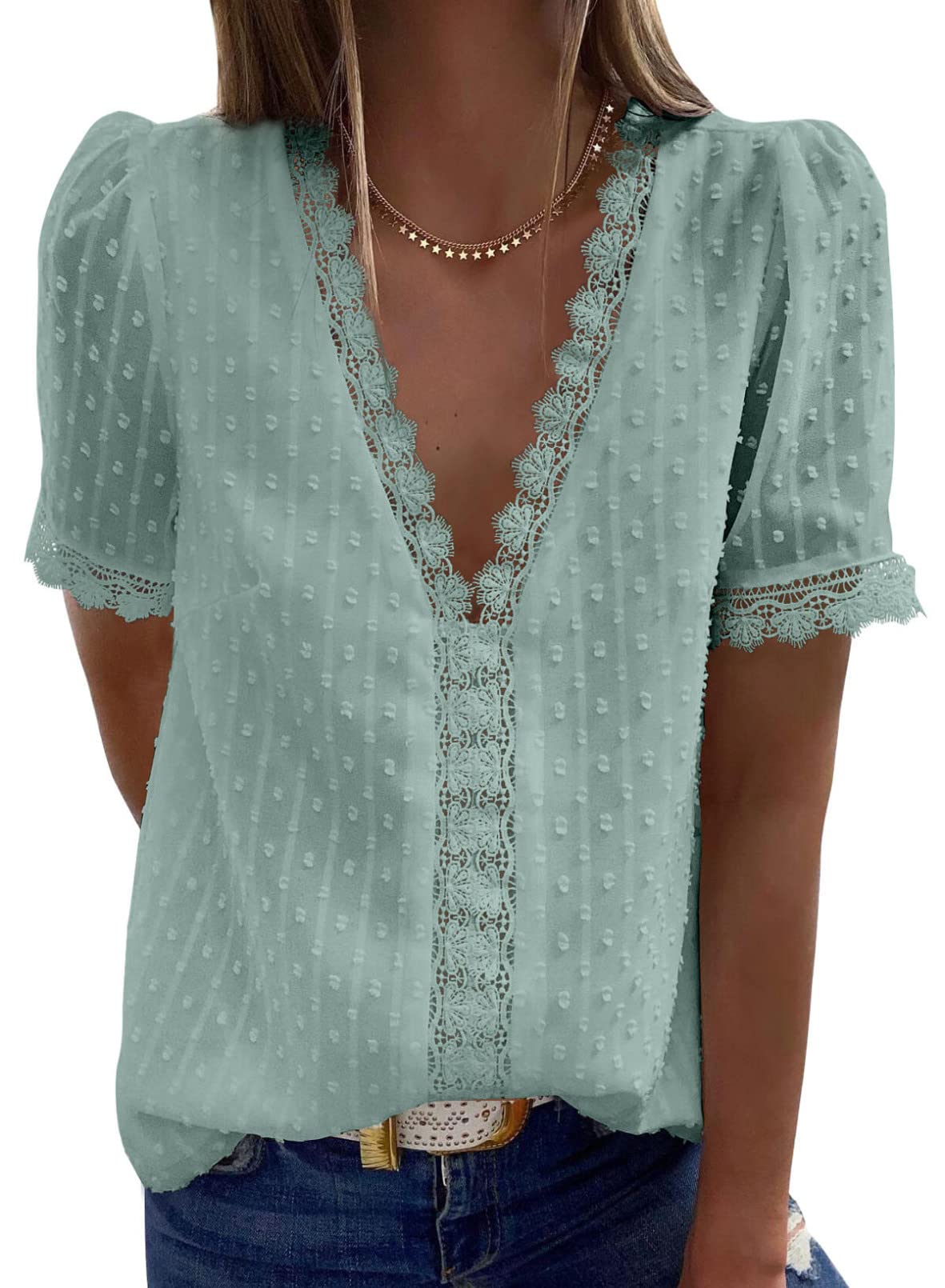 2025 New Women's V Neck Lace Crochet Tunic Tops Flowy Casual Shirts(buy 3 free shipping)
