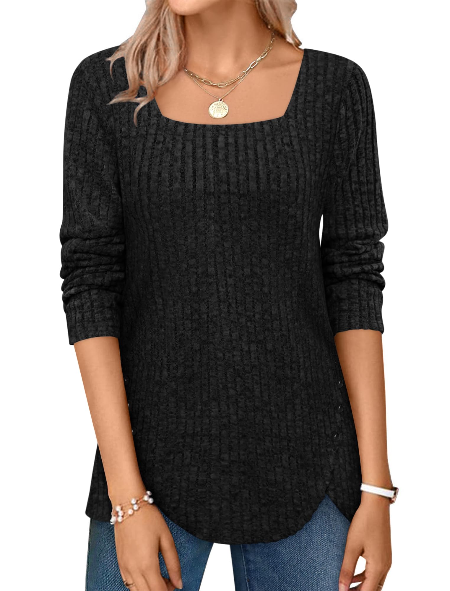 ⏰Hot Sale-2024 Squared Neck Sweater Ribbed Knit Tunic Tee Shirts