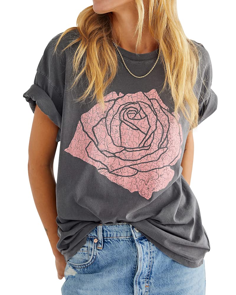 NEW🔥Women's Rose Graphic Tee T Shirt Loose Fit Summer Short Sleeve Casual Tops