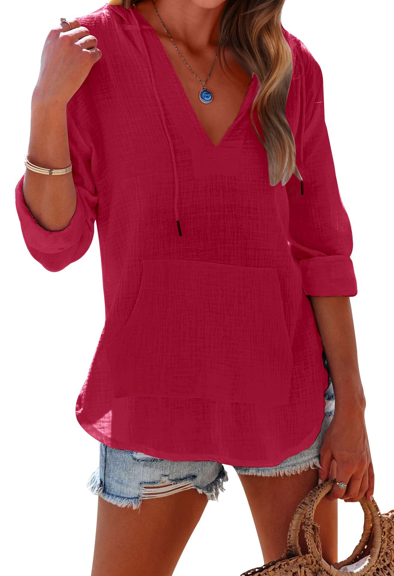 2025 New Women's Long Sleeve V Neck Pocketed Hooded Shirt Top(buy 2 free shipping)