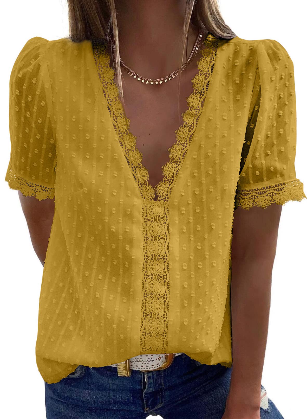 2025 New Women's V Neck Lace Crochet Tunic Tops Flowy Casual Shirts(buy 3 free shipping)