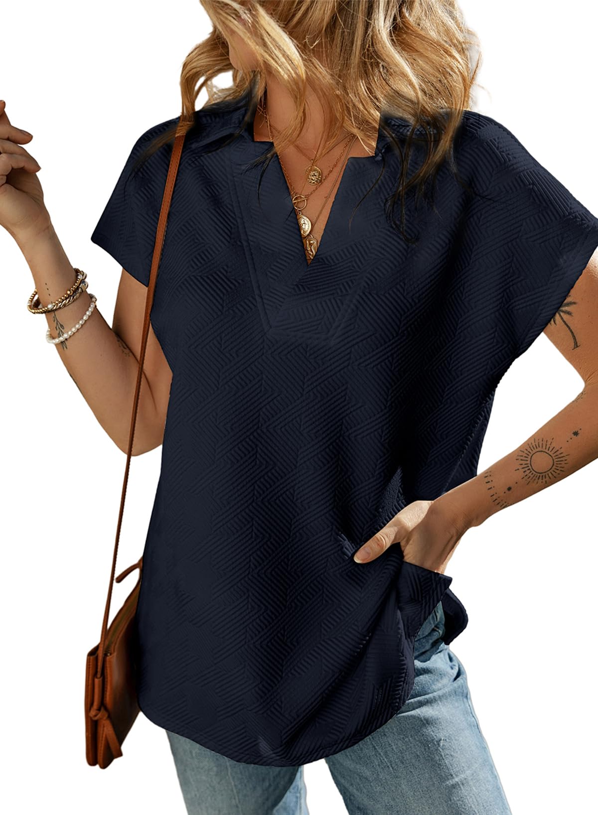 2025 New Women's Casual Collared V Neck Short Sleeve T Shirt(buy 2 free shipping)
