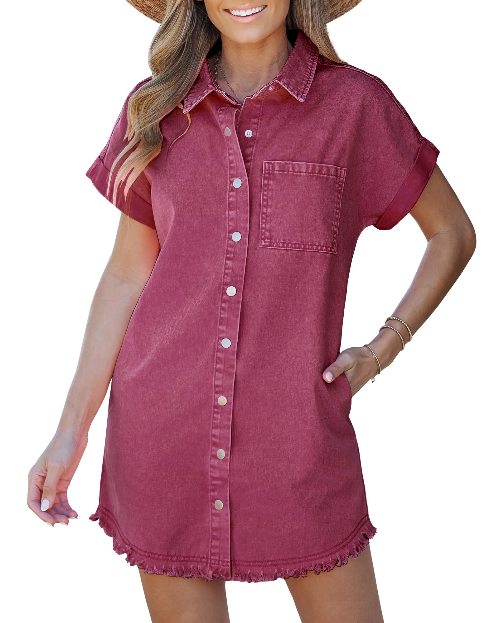 2025 New Women's Button Down Short Sleeves Frayed Hem Casual Jean Shirt Dresses with Pockets(buy 2 free shipping)